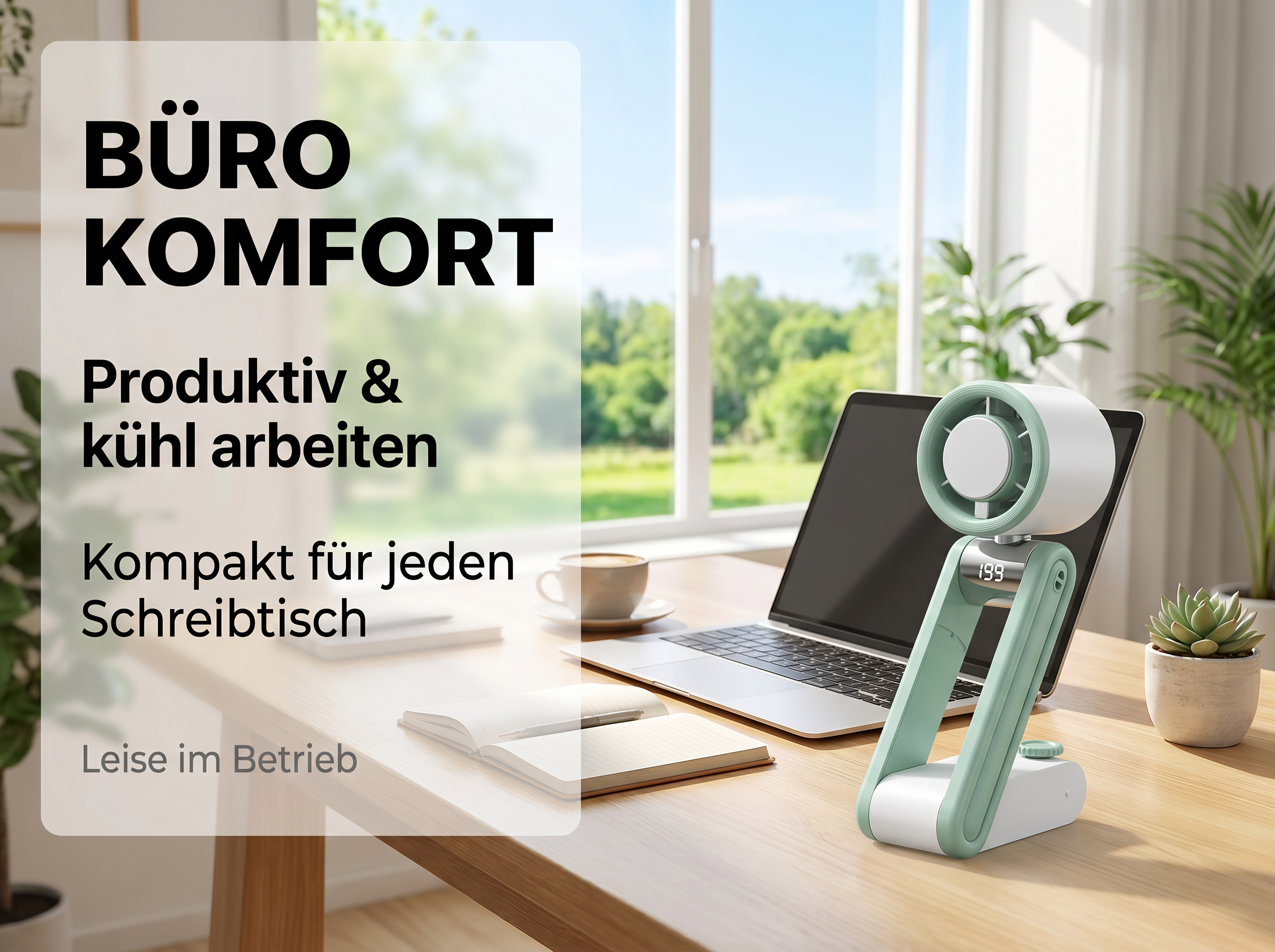Ein Schreibtisch mit Laptop, Lüfter, Notizbuch und Kaffee. Texte auf Deutsch.