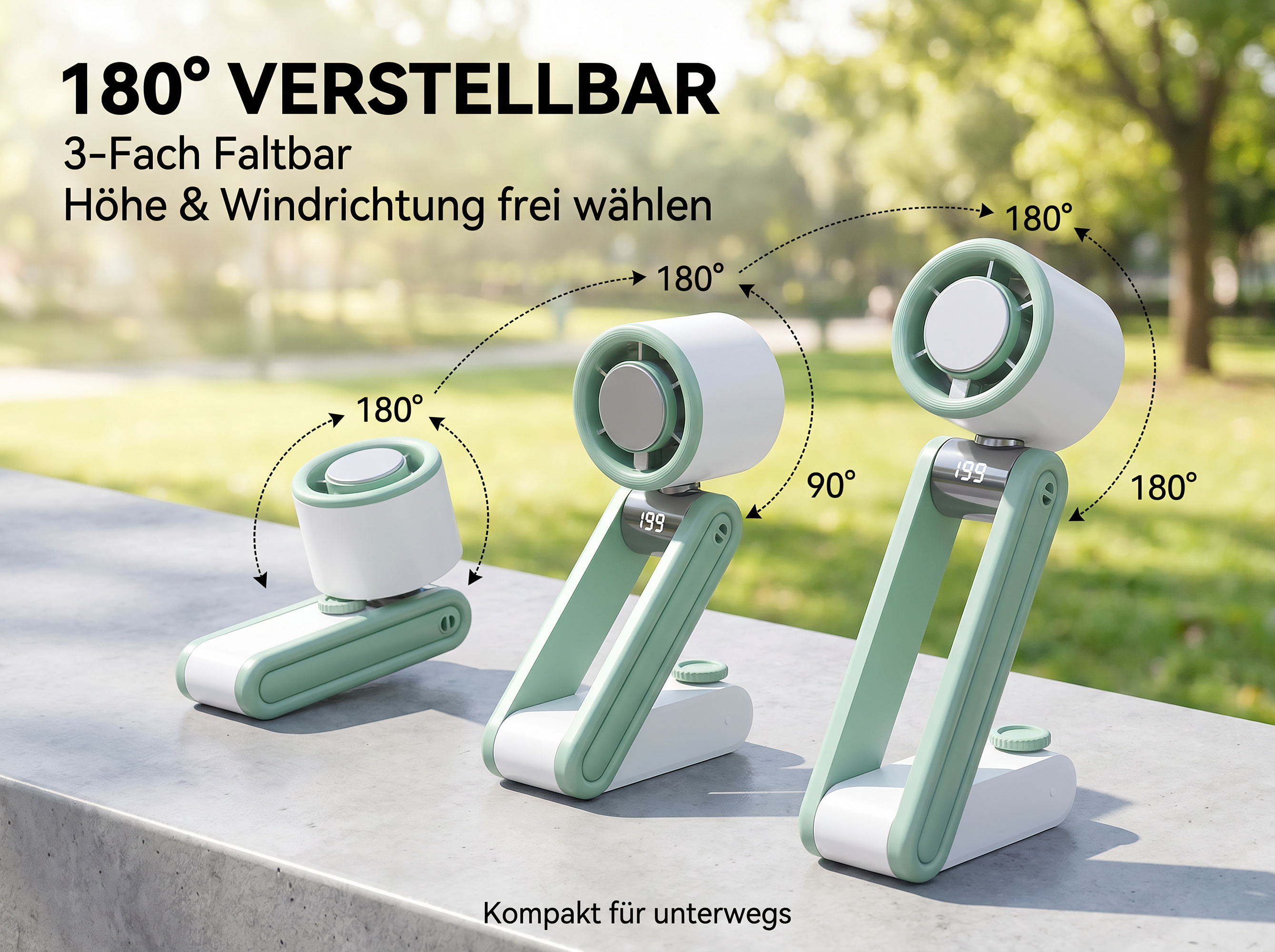 Ein weißer und mintgrüner Ventilator mit einstellbarer 180°-Drehung.