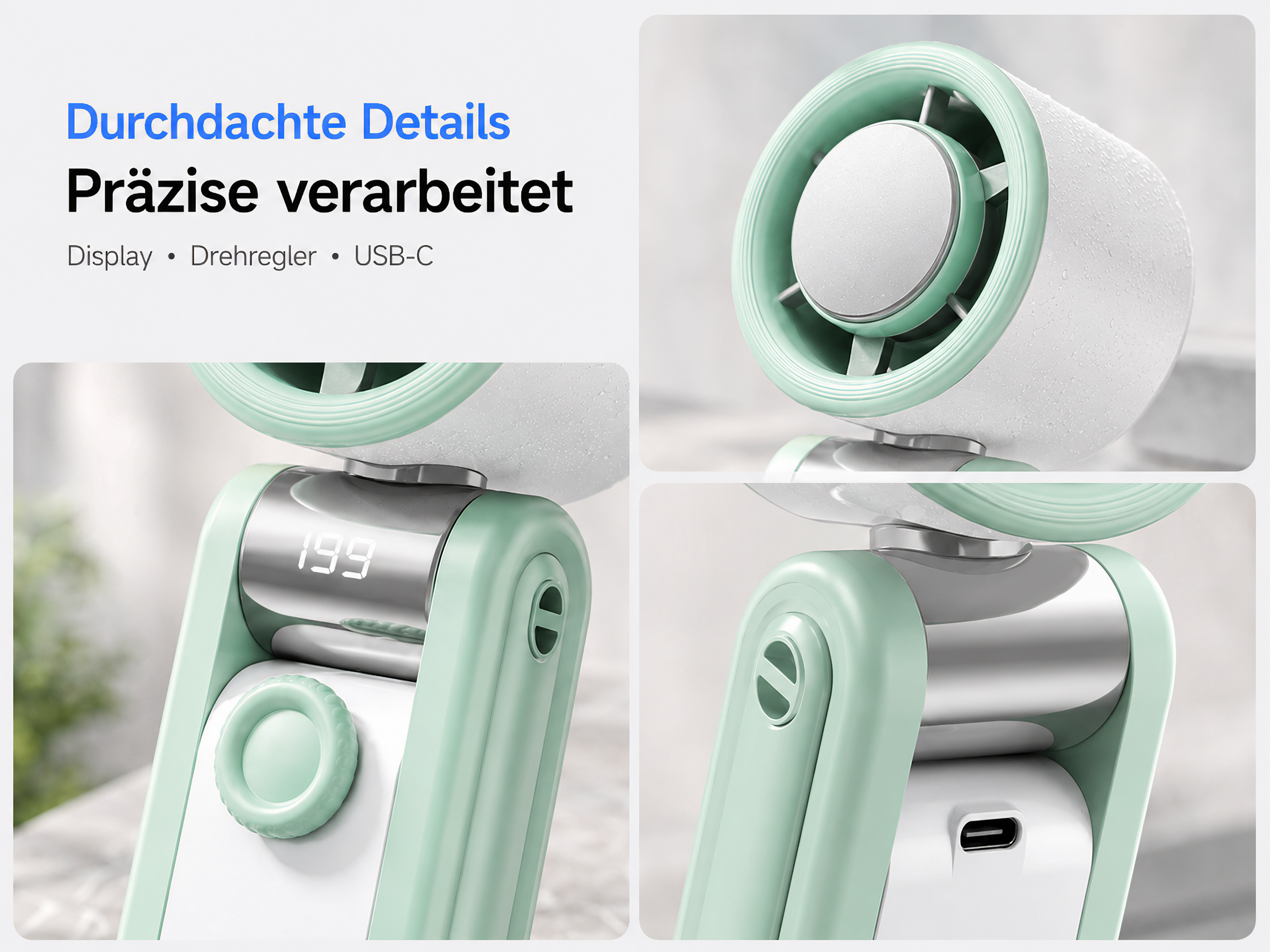 Nahaufnahme eines kleinen Ventilators mit digitaler Anzeige und USB-C-Anschluss.