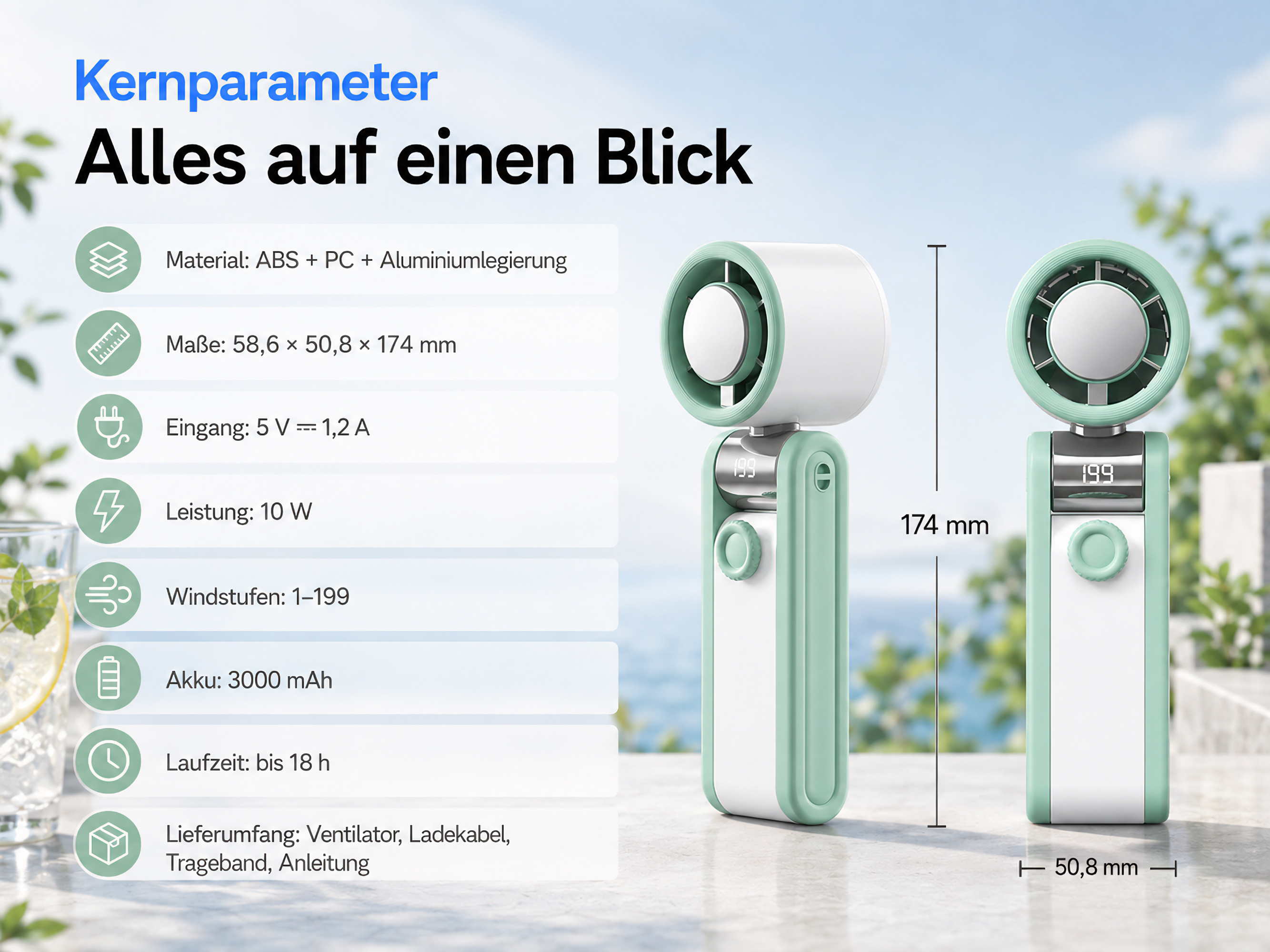 Ein weiß-grüner Ventilator mit technischen Daten und Maßen.