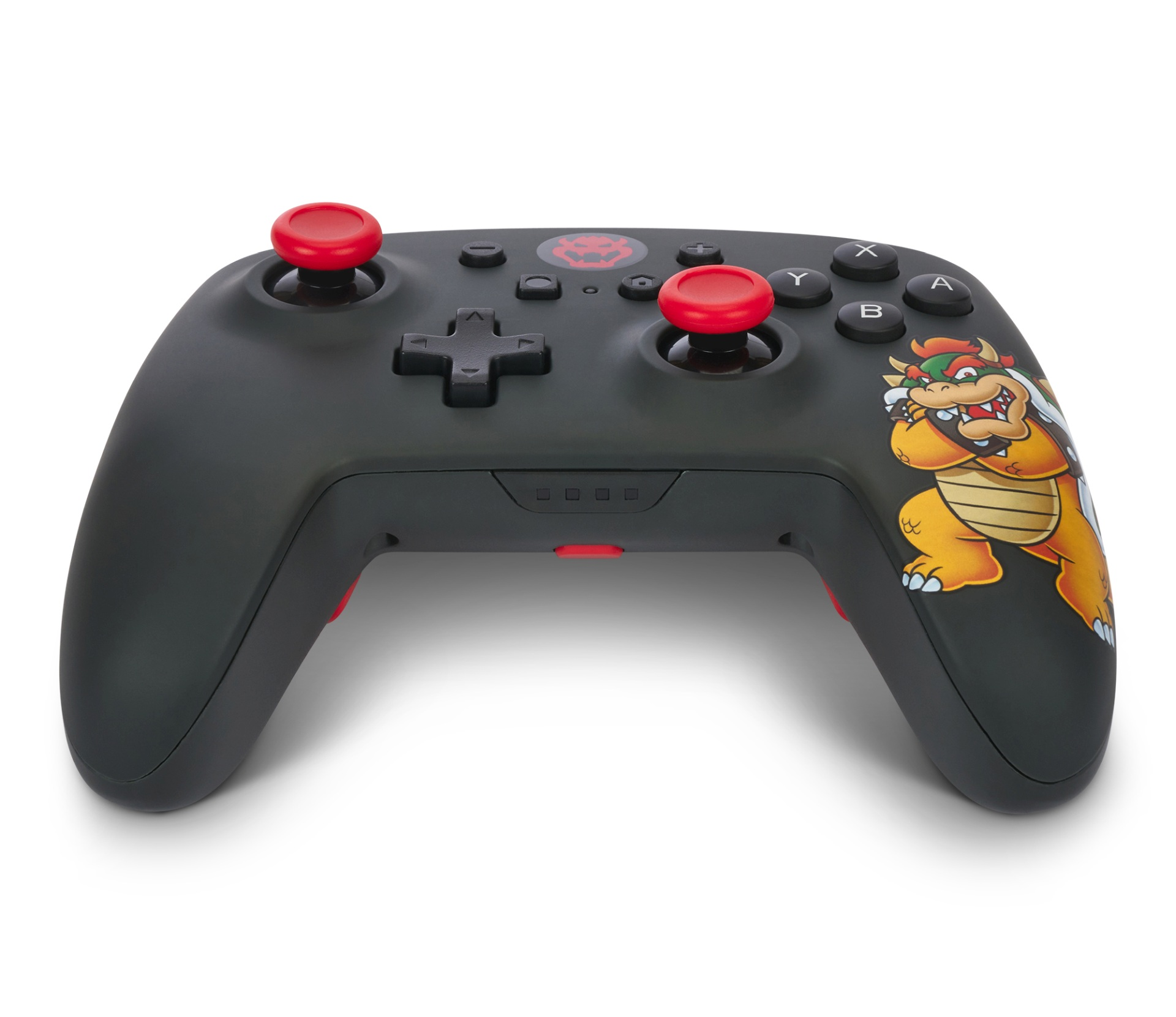 Schwarzer Gamecontroller mit roten Joystick-Kappen und Bowser-Grafik. Weißer Hintergrund.
