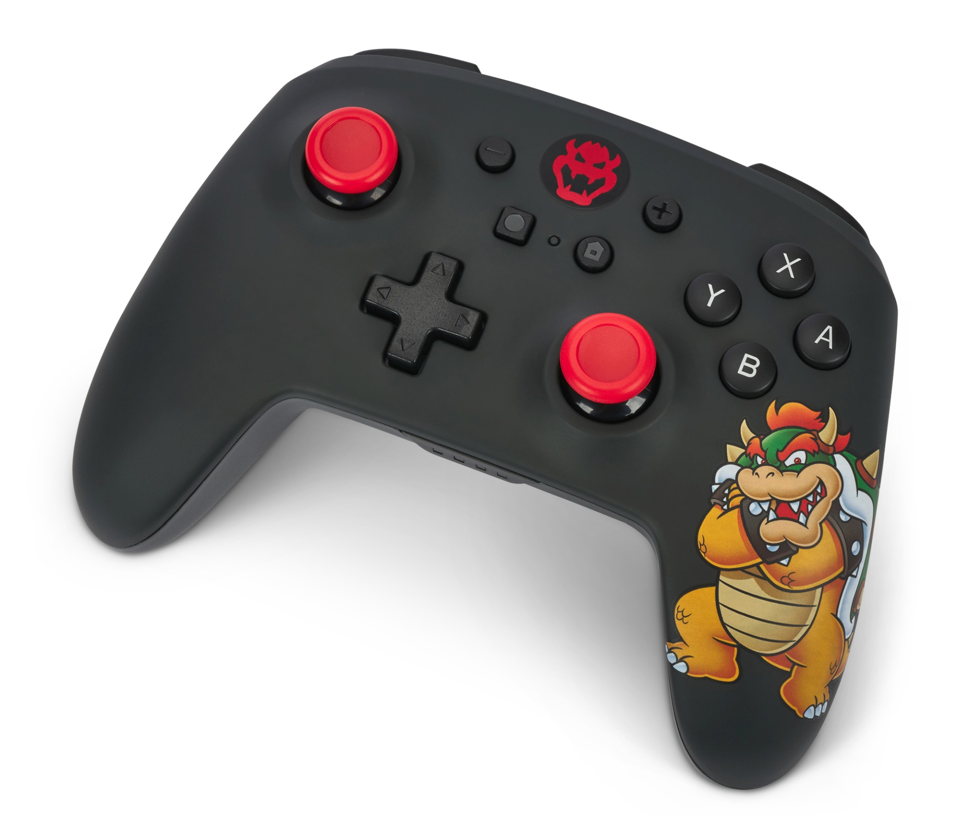 Schwarzer Controller mit Bowser-Aufdruck, roten Knöpfen und schwarzen Tasten.