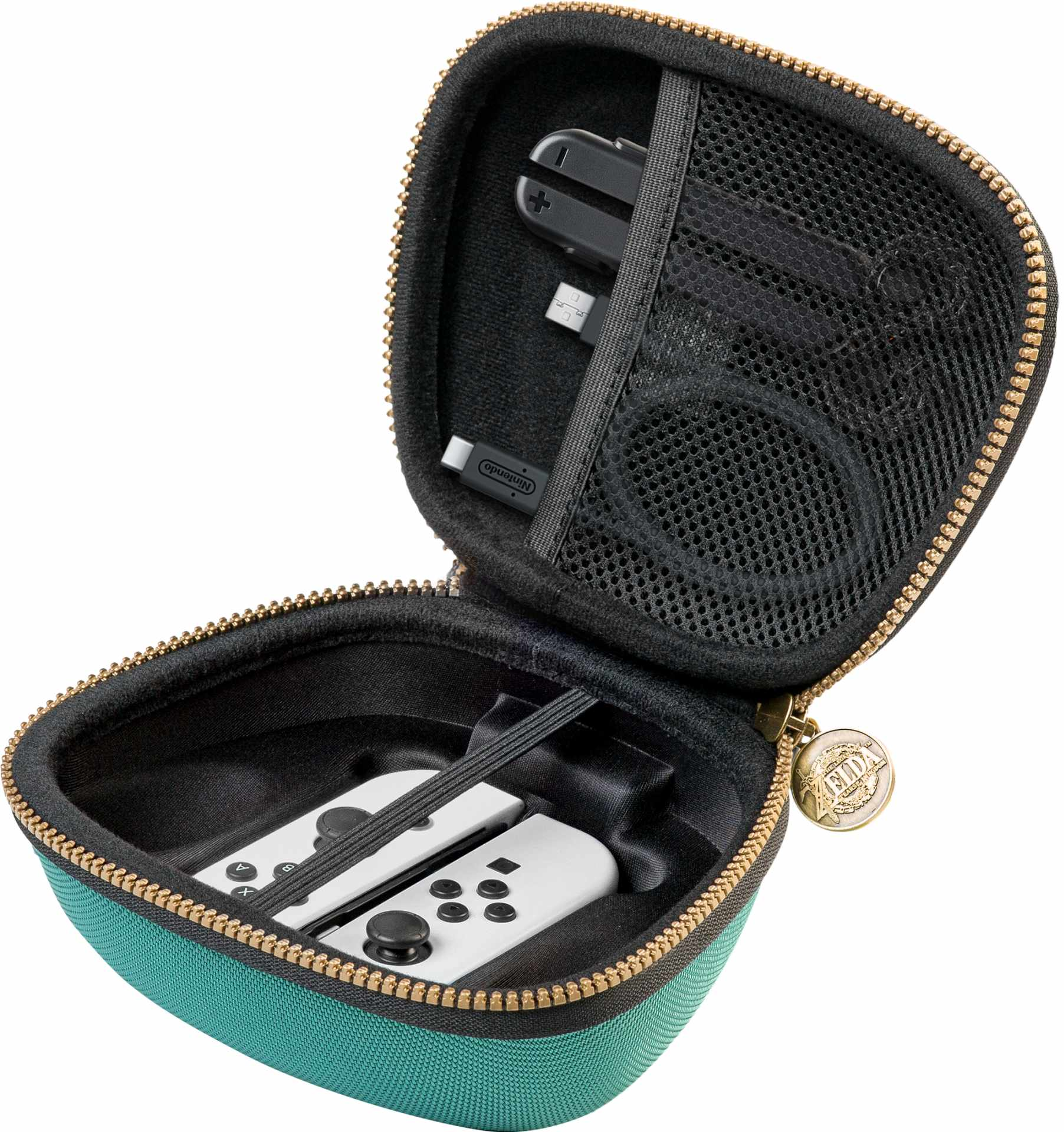 Zielone etui z kontrolerami Nintendo Switch i kablami do ładowania.