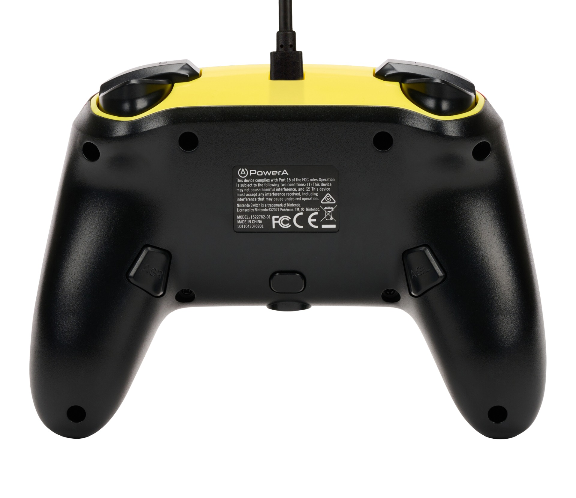 Tył żółto-czarnego kontrolera Nintendo Switch z tekstem i logo.