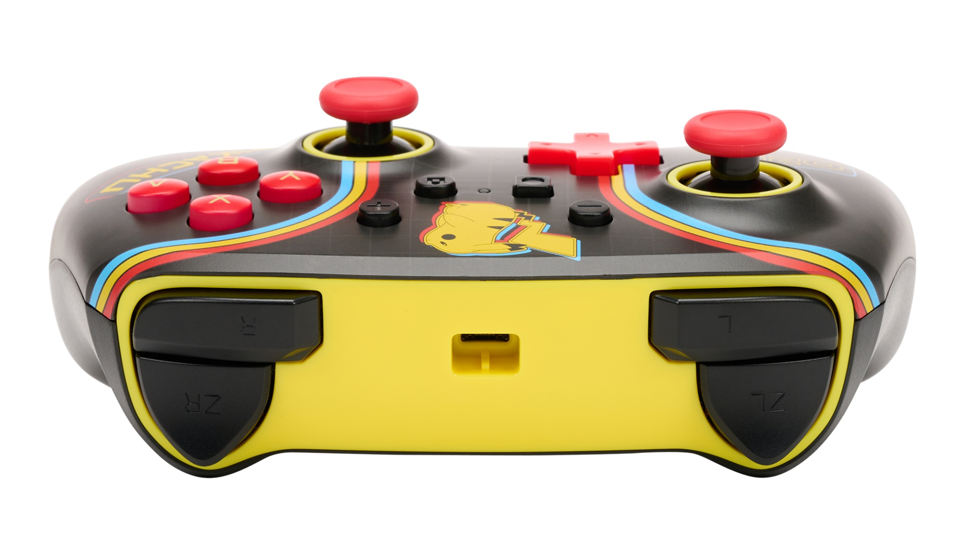 Czarny i żółty kontroler do gier z czerwonymi przyciskami i wzorem Pikachu.