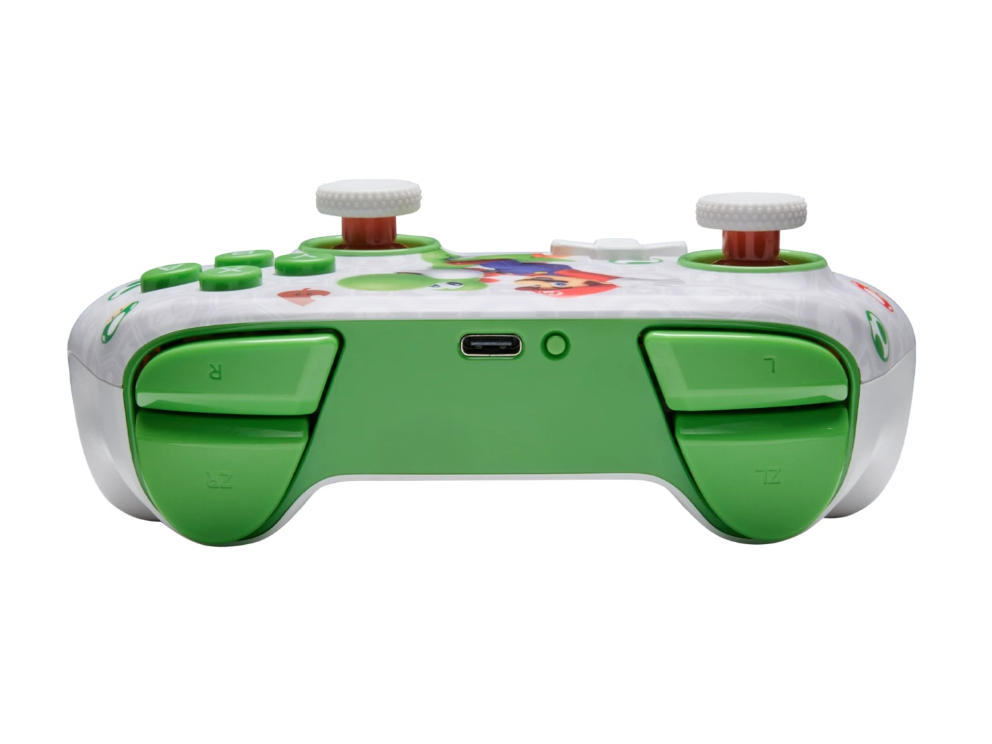 Biały kontroler z motywem Mario, zielonymi przyciskami i dwoma joystickami.