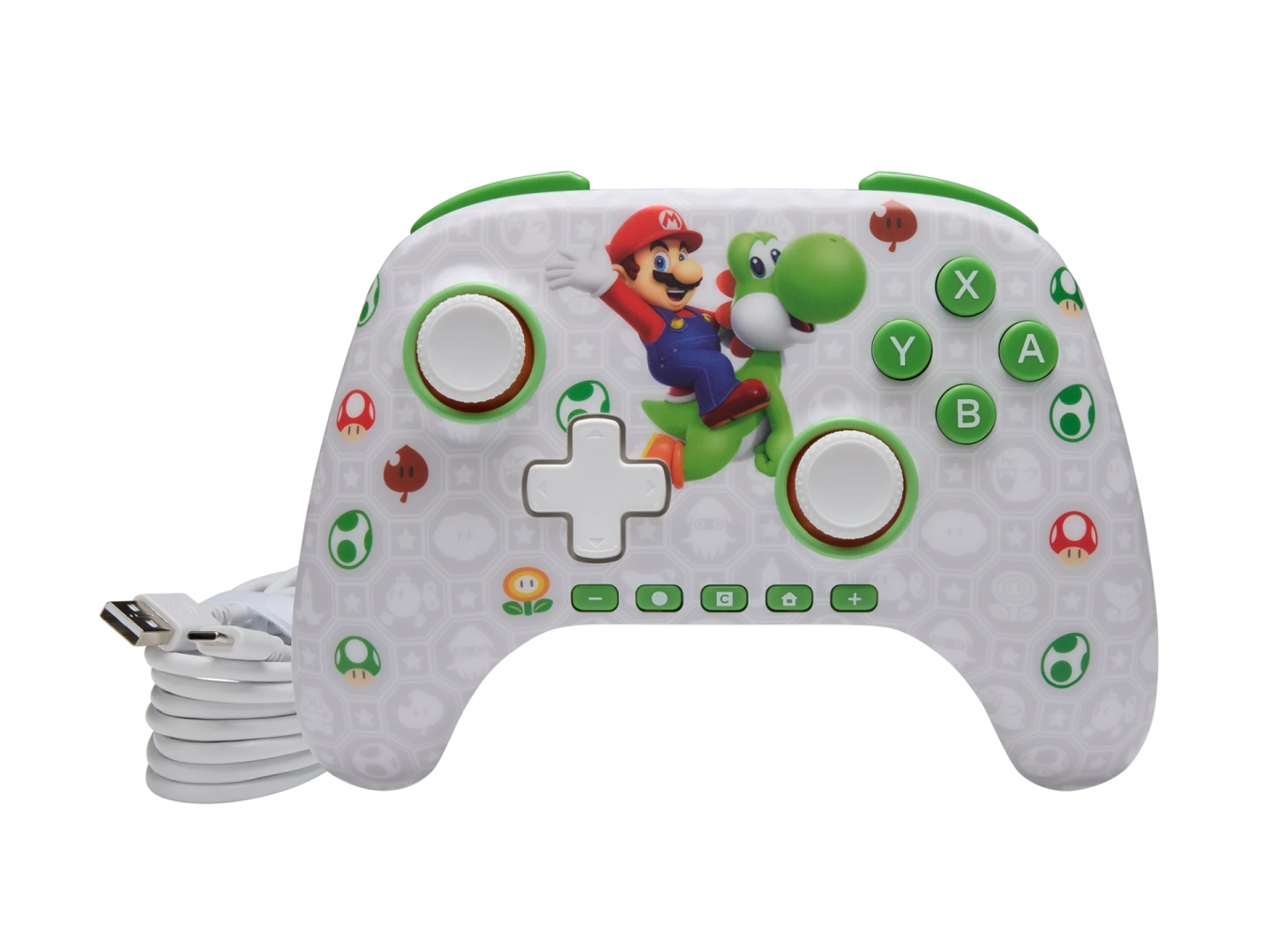 Biały kontroler Nintendo z Mario na Yoshi, zielonymi akcentami i ikonami grzybów.