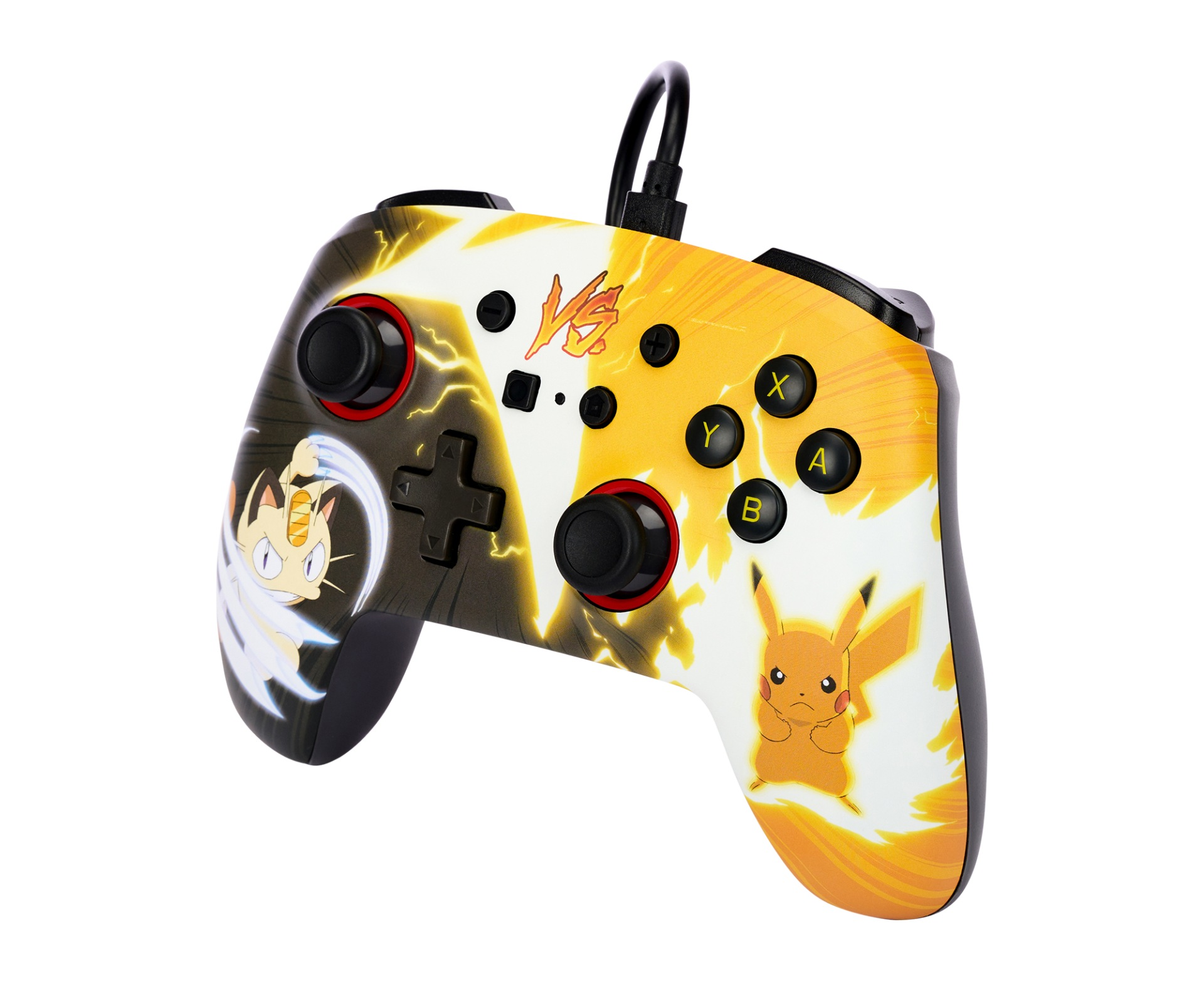 Kontroler Pokemon z Pikachu i Meowthem. Żółty, biały i czarny.