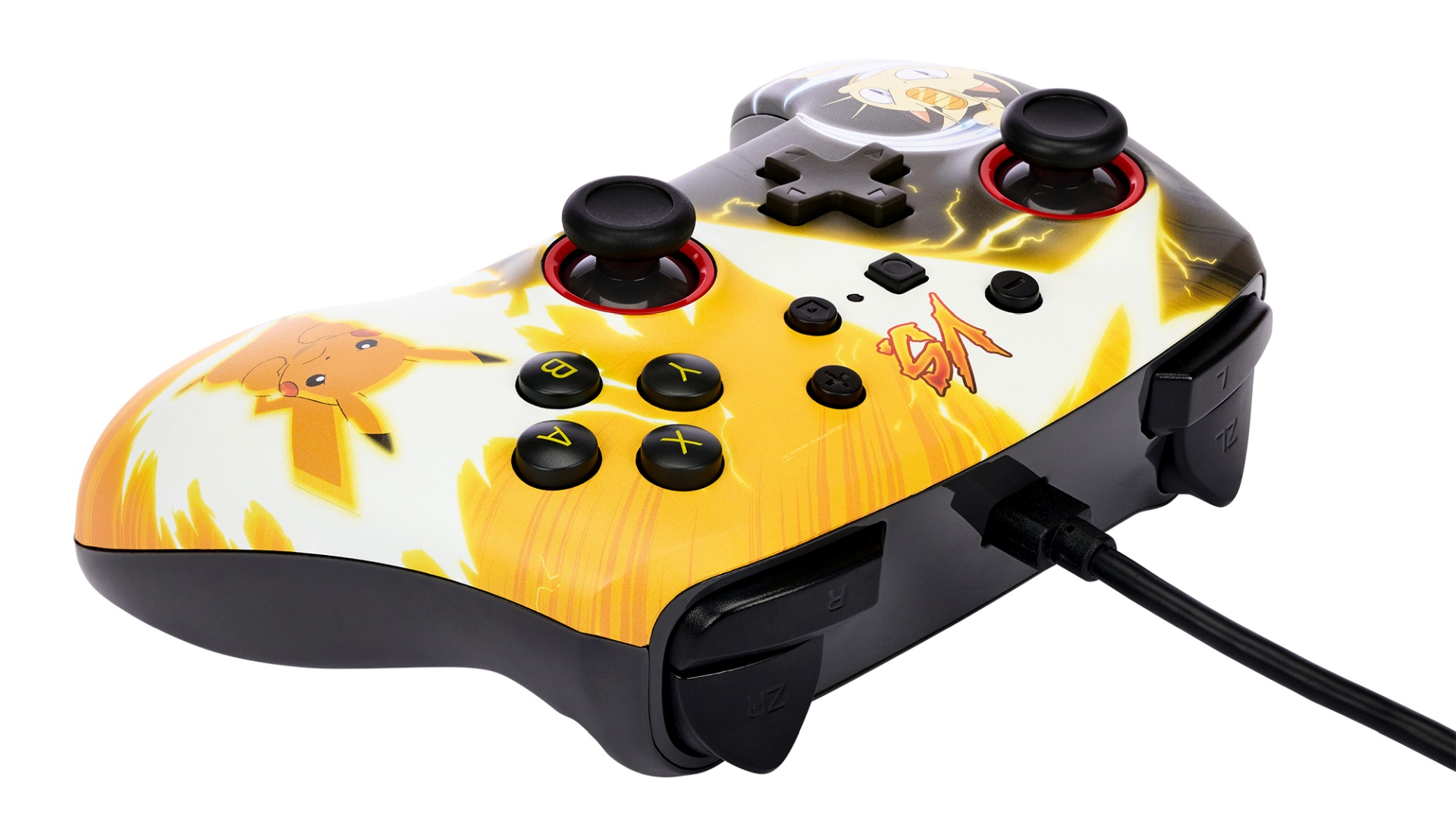 Kontroler Pikachu z żółtymi błyskawicami, przyciskami i czarnym kablem.