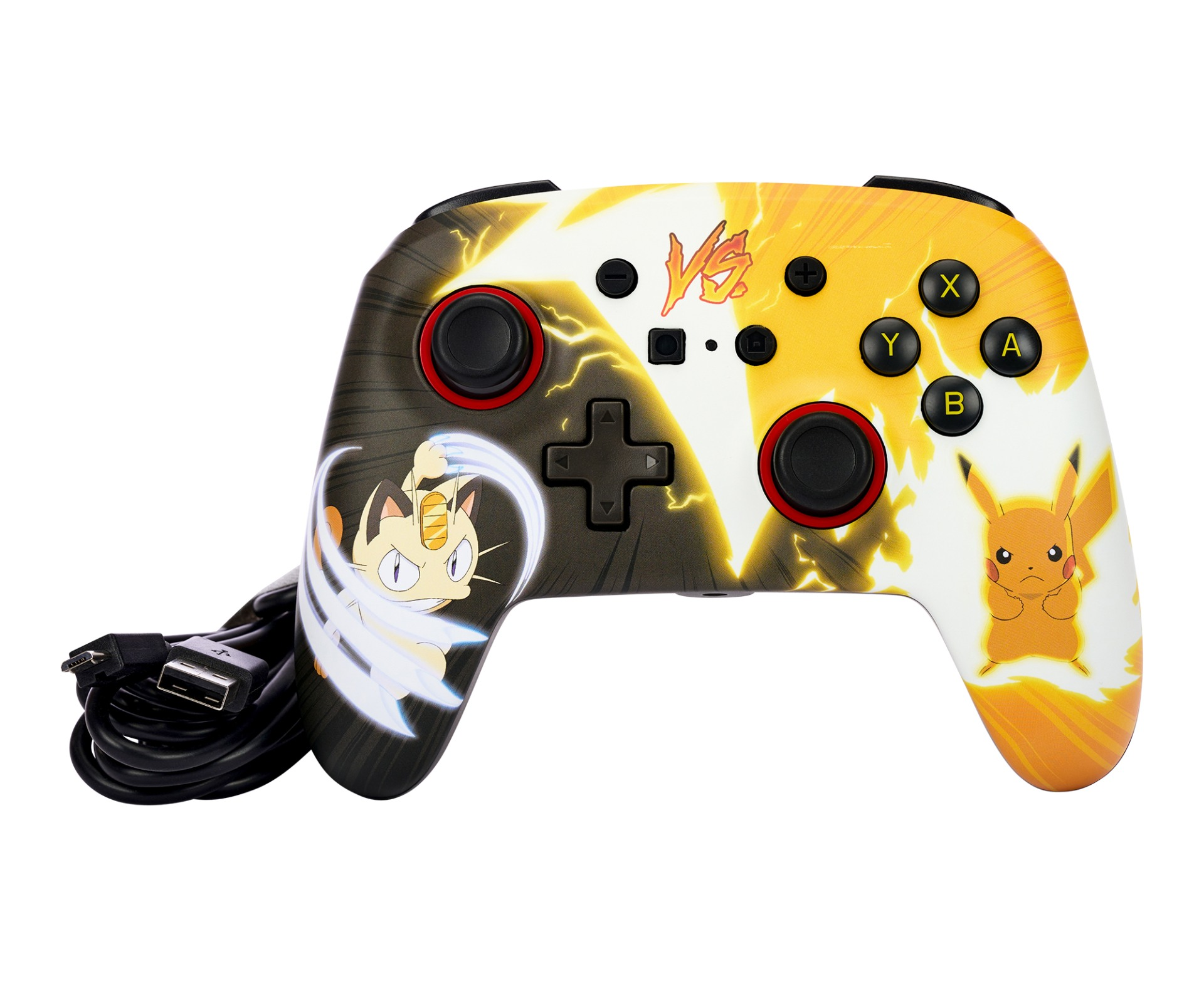 Kontroler Pokemon z Pikachu i Meowth, z żółtymi błyskawicami.