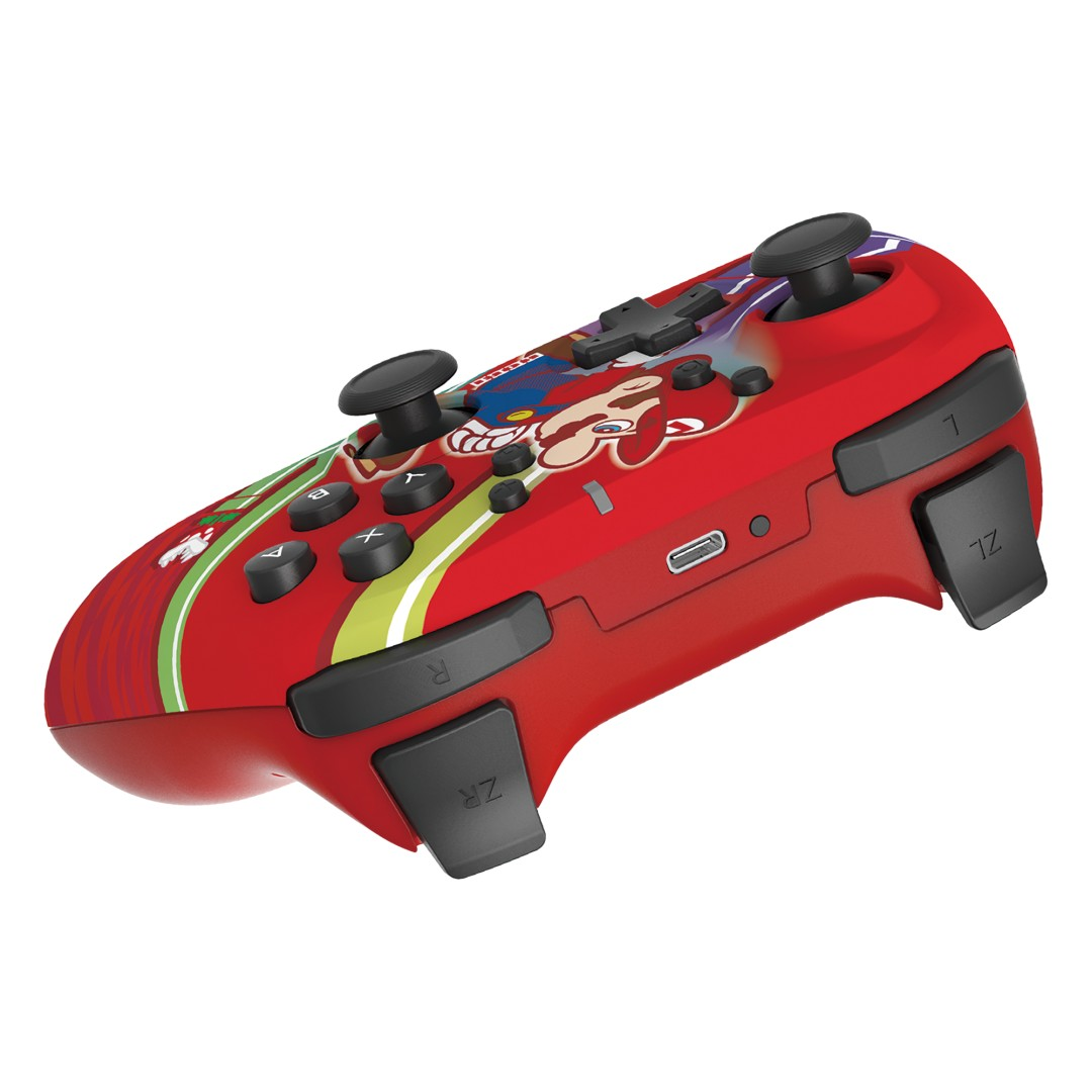 Czerwony kontroler Nintendo Switch z grafiką Mario, przyciskami i joystickami.