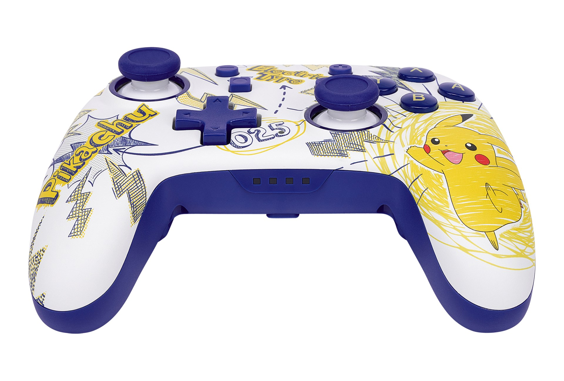 Un controller di gioco bianco decorato con Pikachu e accenti blu.