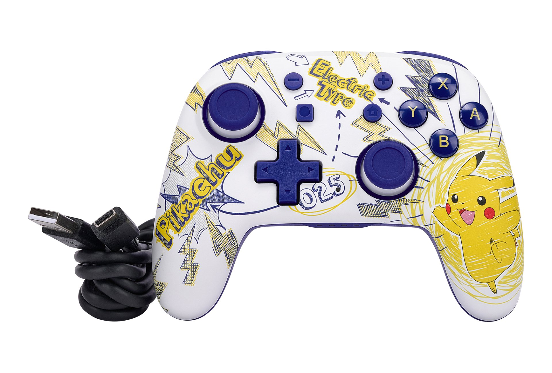 Un controller di gioco bianco con design Pikachu, pulsanti blu e cavo nero.