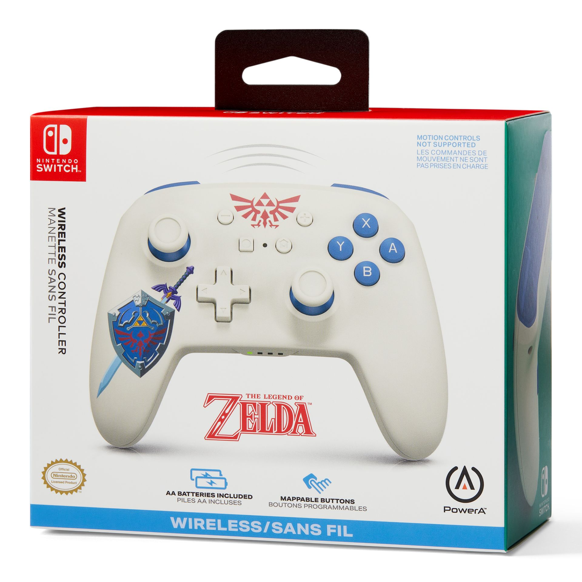 Białe pudełko kontrolera Nintendo Switch z motywem Zeldy i wizerunkiem kontrolera.