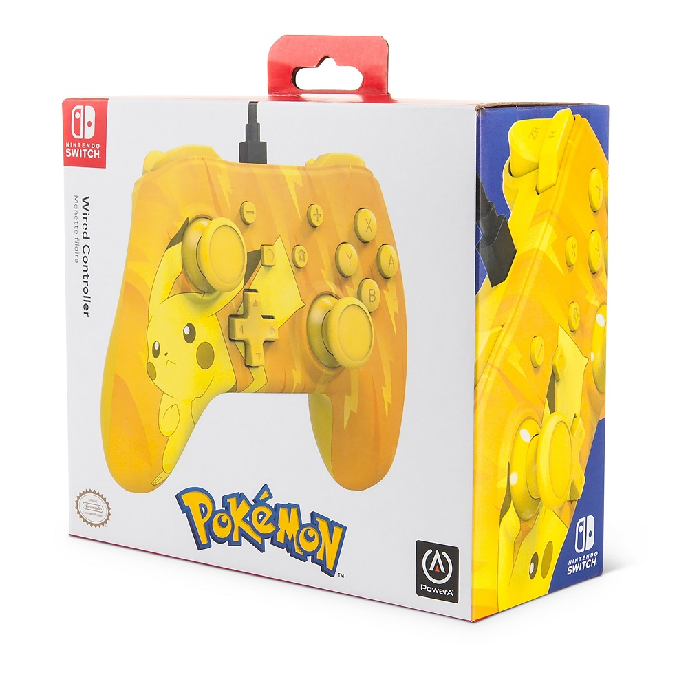 Żółte pudełko kontrolera przewodowego Pikachu Pokemon z logo Nintendo Switch.