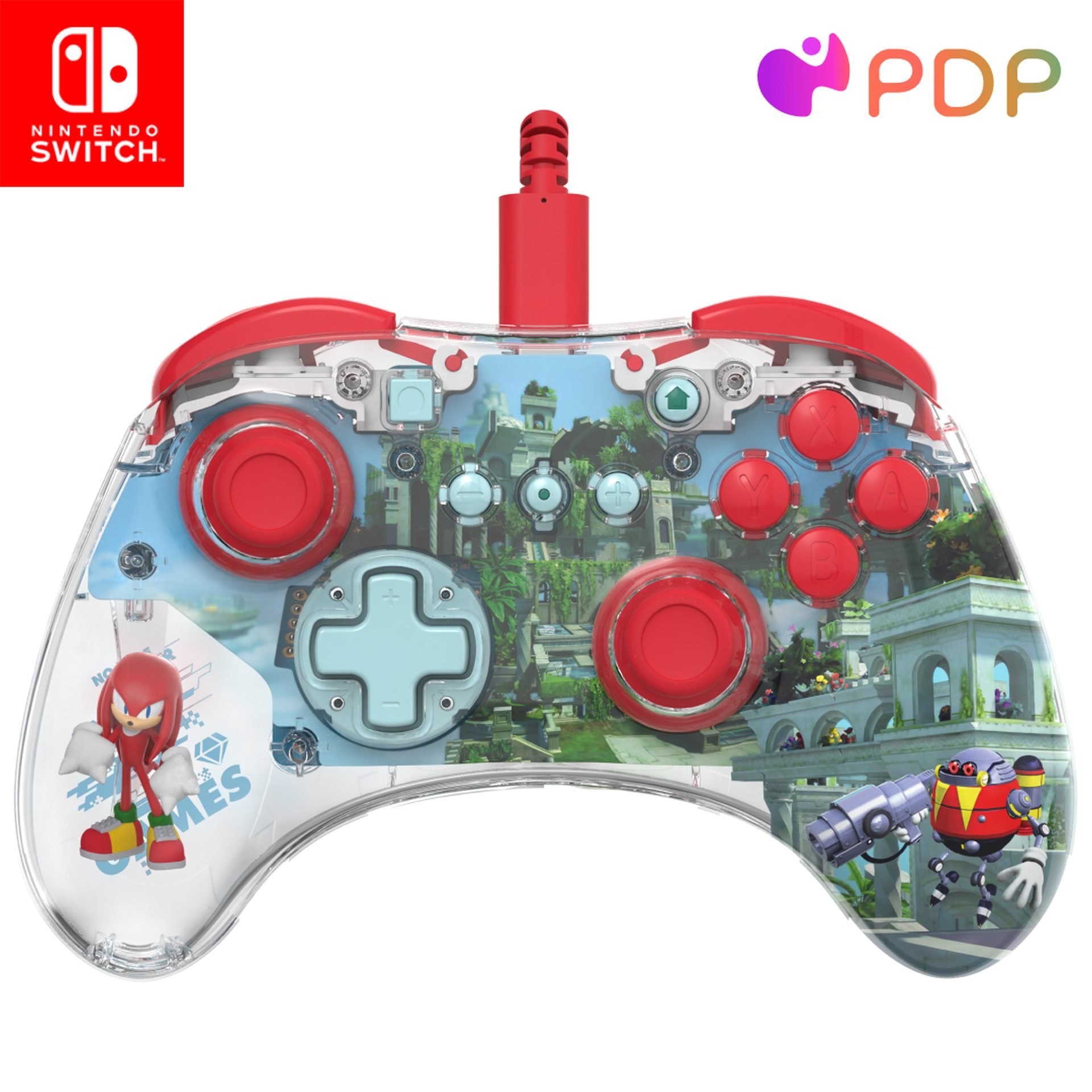 Przezroczysty kontroler z czerwonymi przyciskami, z postaciami i grafiką Sonic.