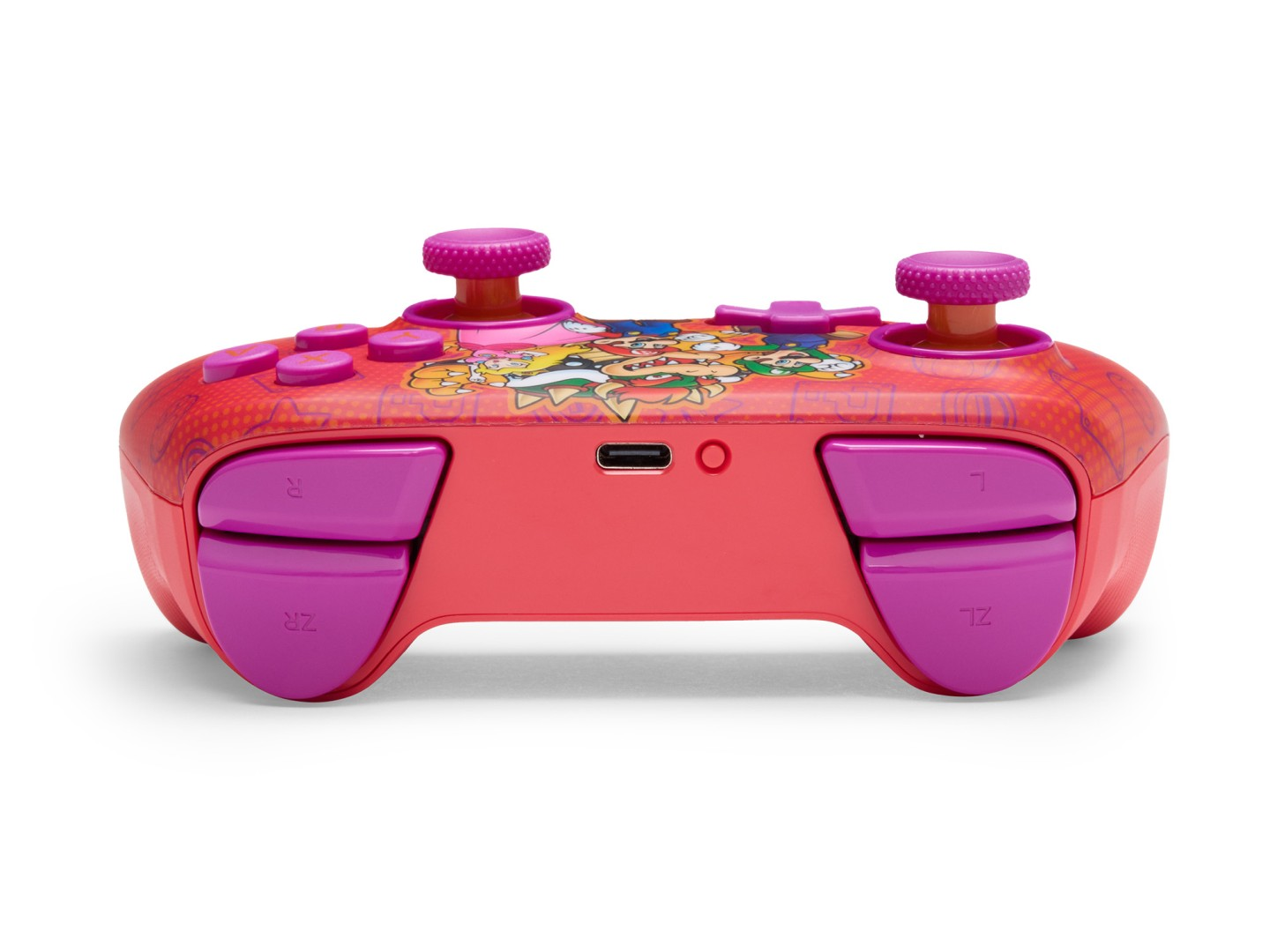 Un controller rosso con pulsanti viola e personaggi Nintendo. Presenta due joystick.