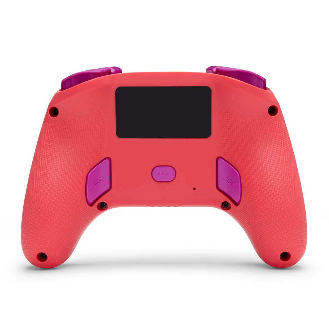 Vista posteriore di un controller rosso con pulsanti viola e schermo nero.