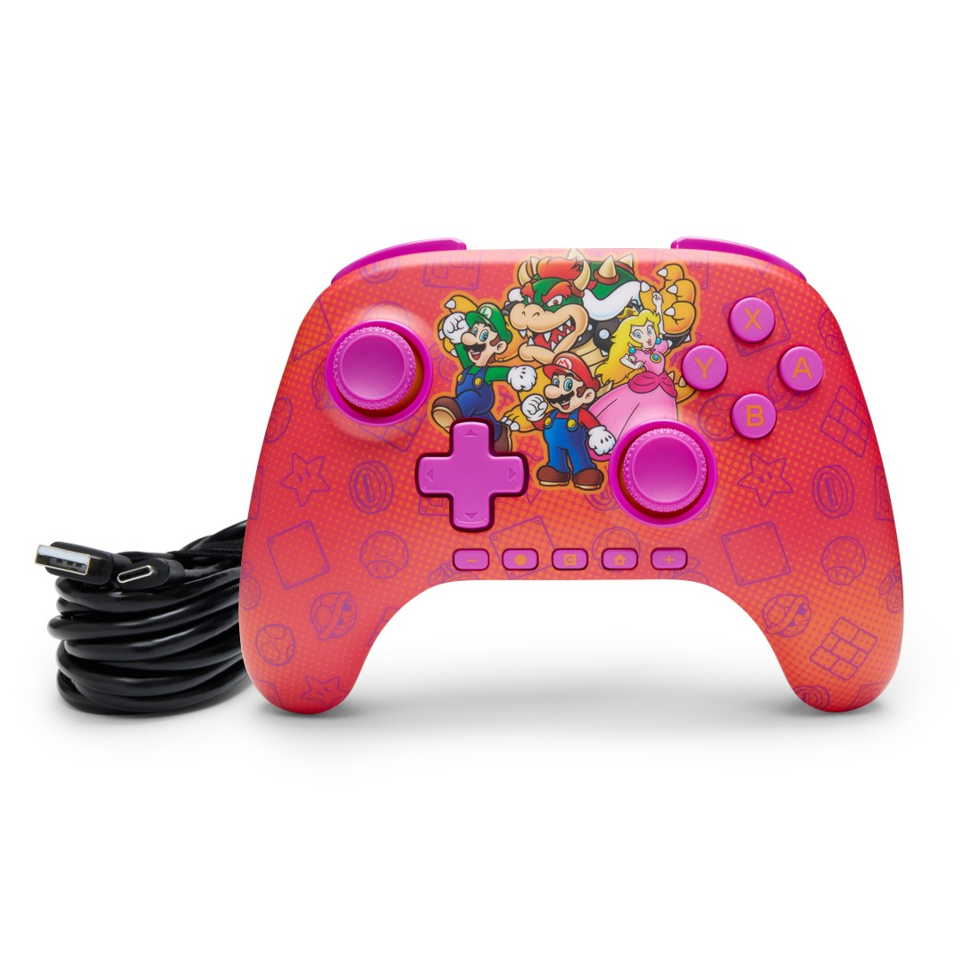 Controller rosso con personaggi di Mario, pulsanti viola e cavo USB.