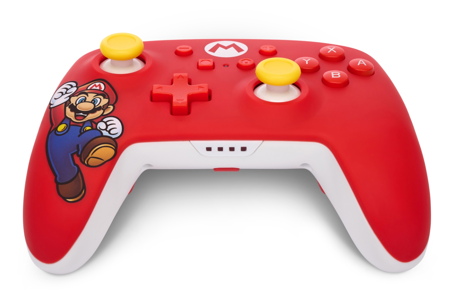 Czerwony kontroler Nintendo Switch z Mario, żółtymi joystickami i przyciskami.