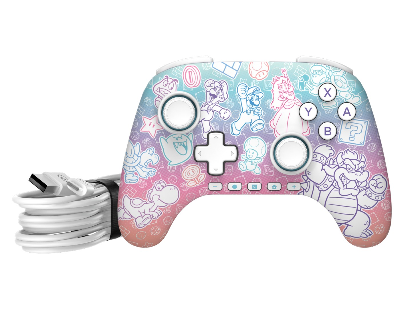 Un controller con personaggi di Mario e un cavo bianco.