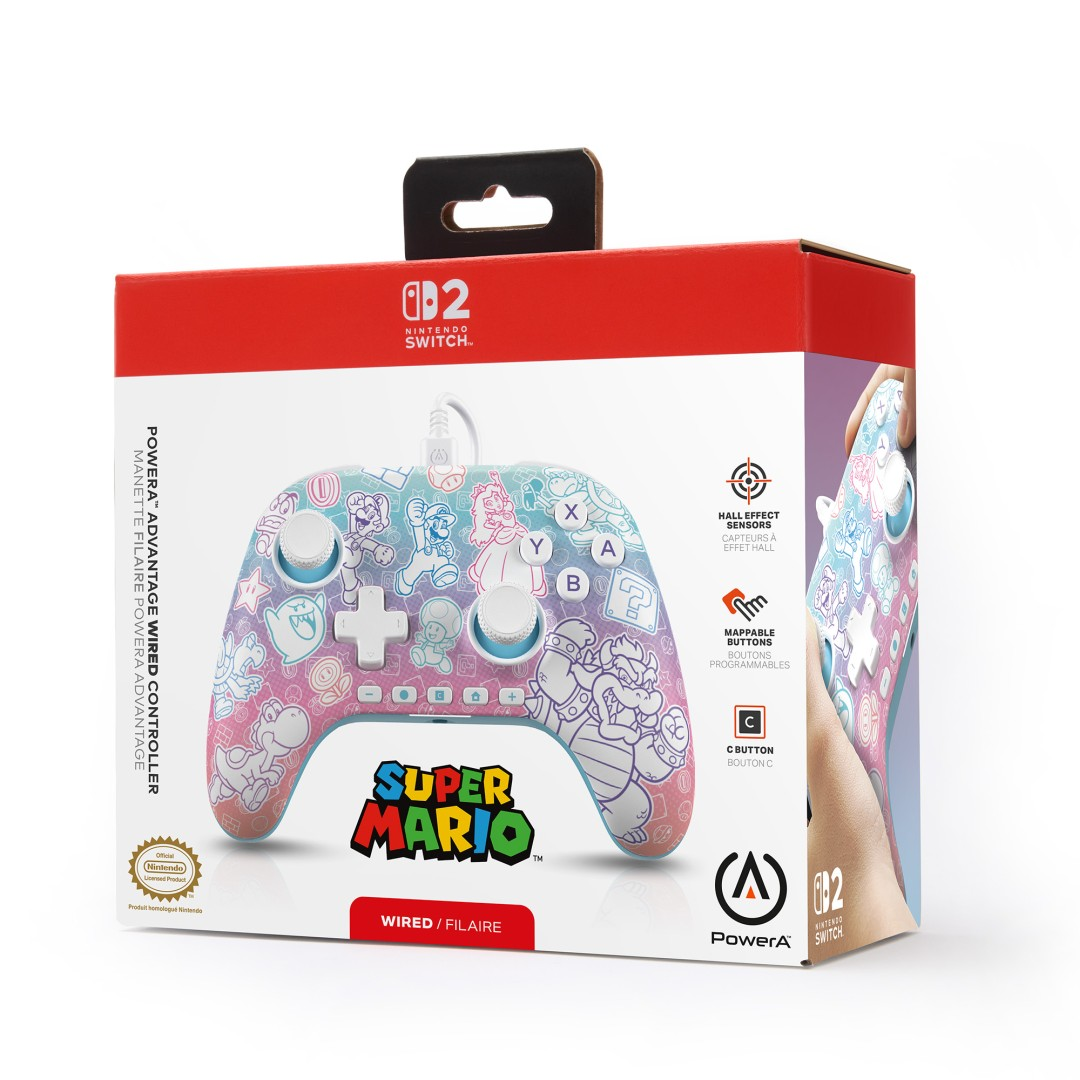 Controller Nintendo Switch con personaggi Super Mario su design bianco e colorato.