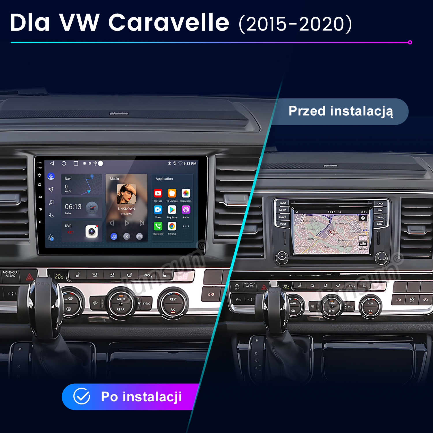 Porównanie systemu multimedialnego VW Caravelle przed i po instalacji.