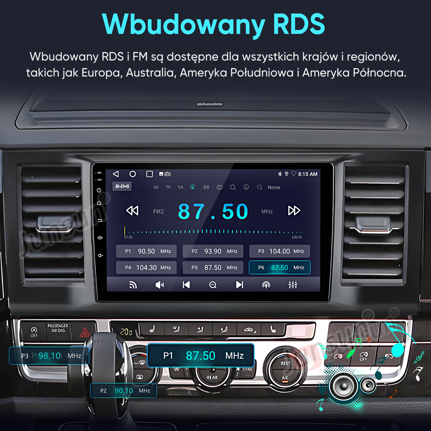 Ekran multimedialny samochodu wyświetla stację radiową 87.50 MHz i ustawienia.