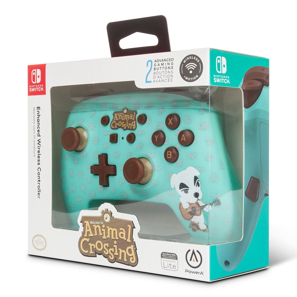 Ein mintgrüner Animal Crossing Controller für Nintendo Switch in der Verpackung.
