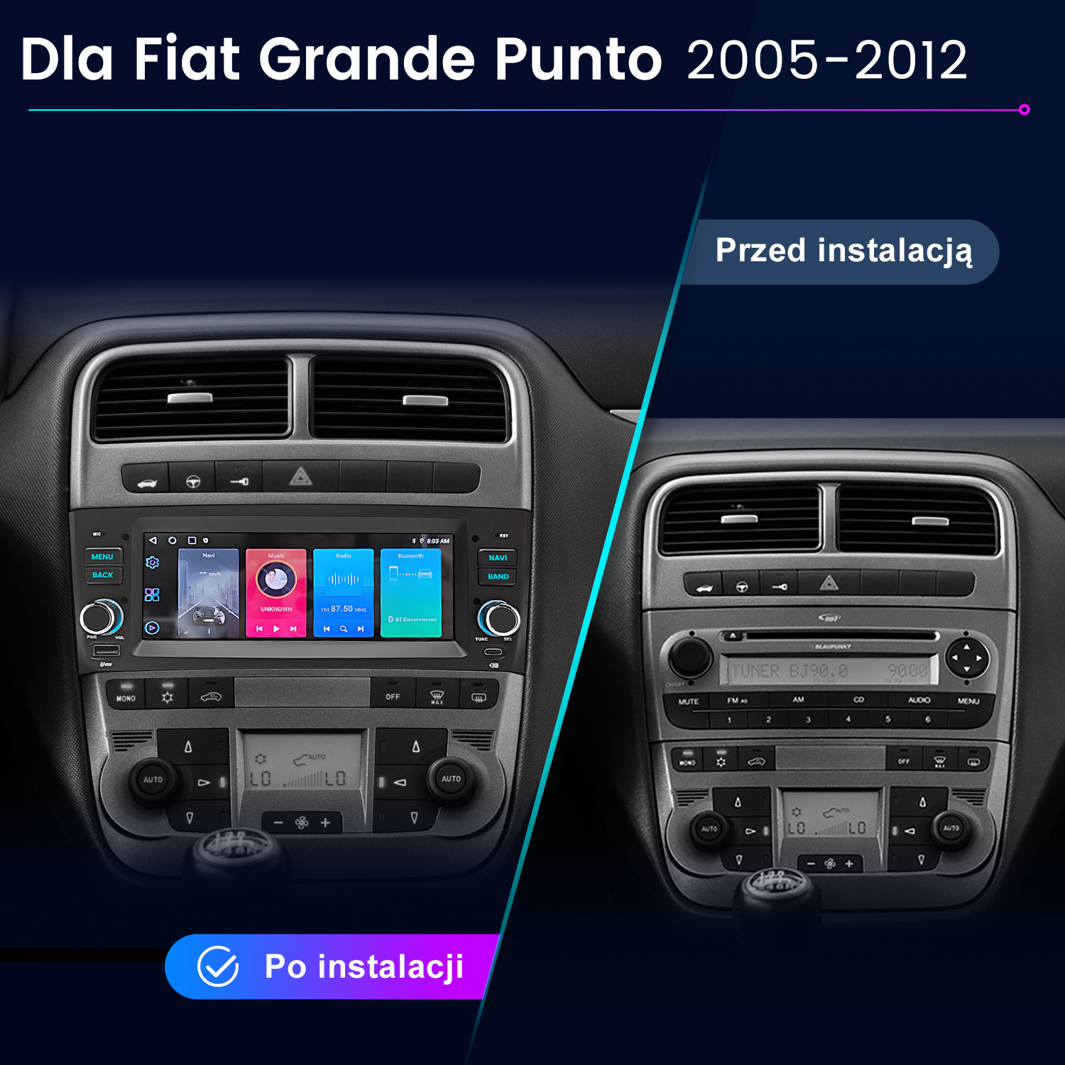 Porównanie radia samochodowego Fiat Grande Punto przed i po.