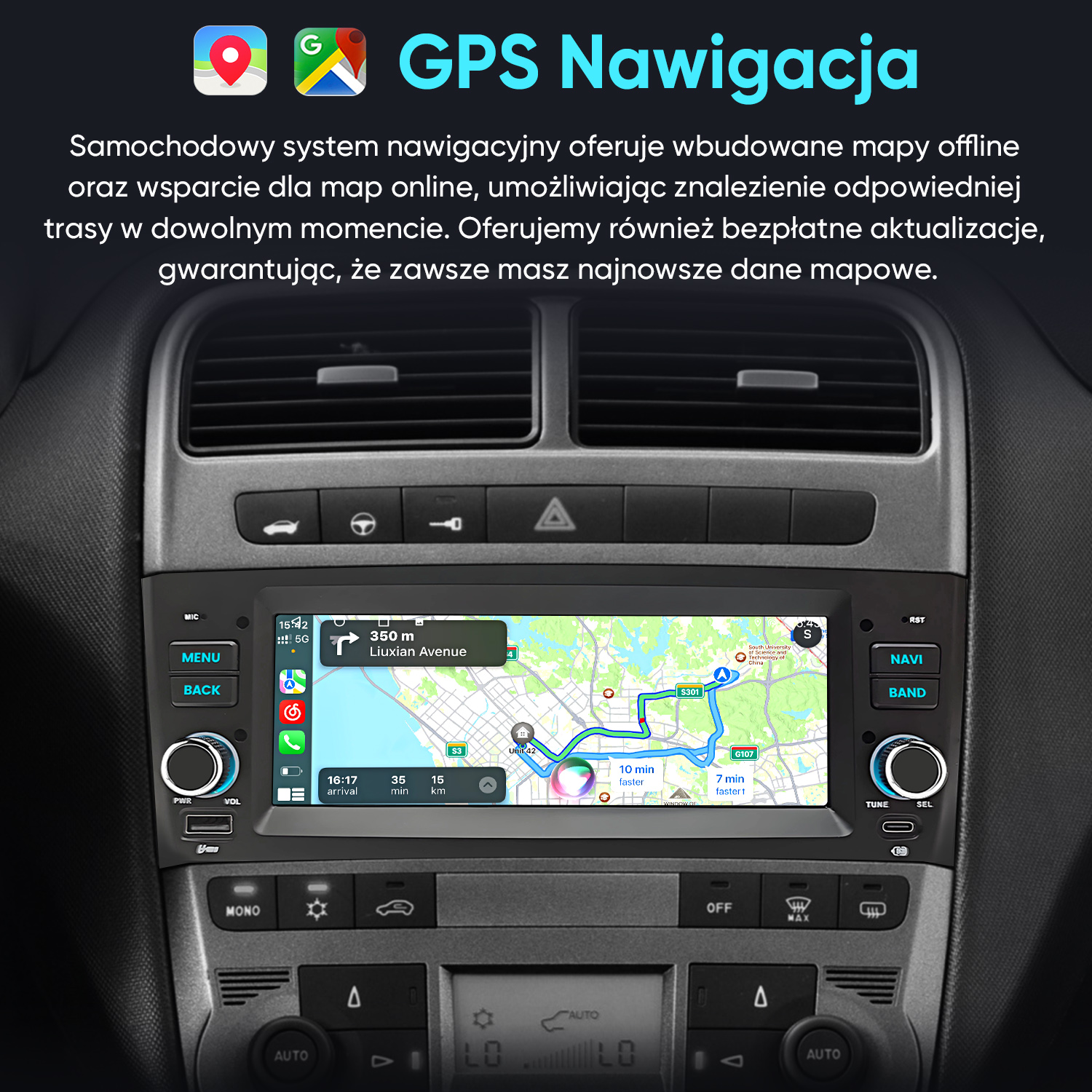 System nawigacji samochodowej wyświetla mapę ulic z trasą. Ikona GPS w prawym górnym rogu.