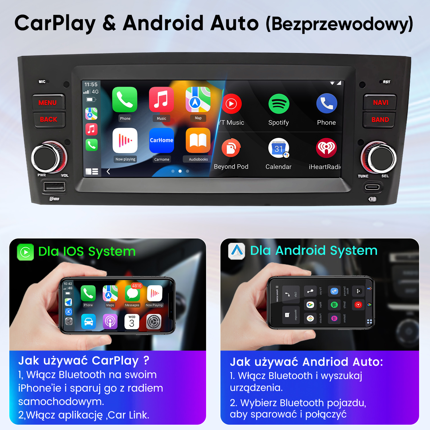 Radio samochodowe z CarPlay i Android Auto. Pokazuje interfejs smartfona z aplikacjami.