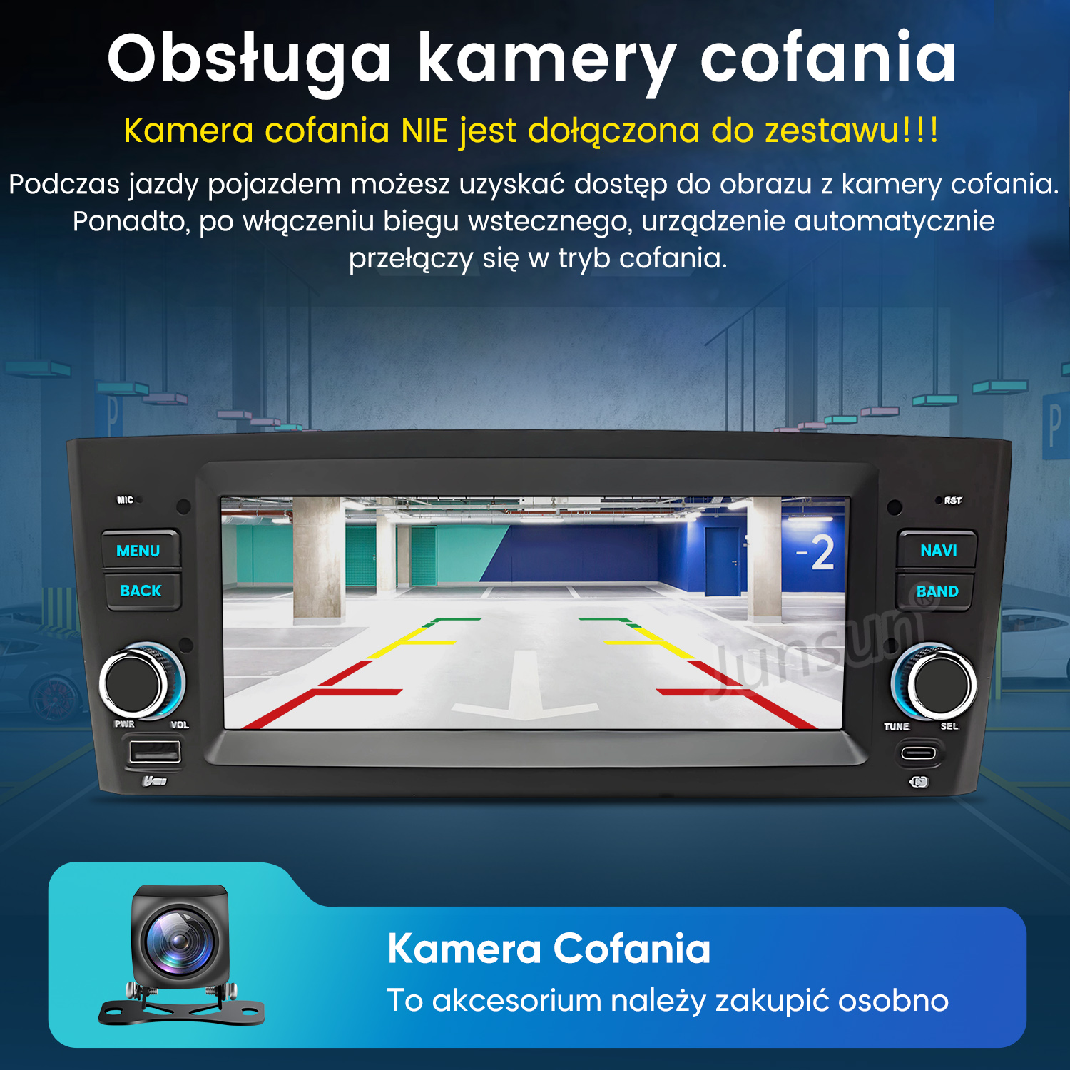 Radio samochodowe wyświetla widok parkingu z kamery cofania.