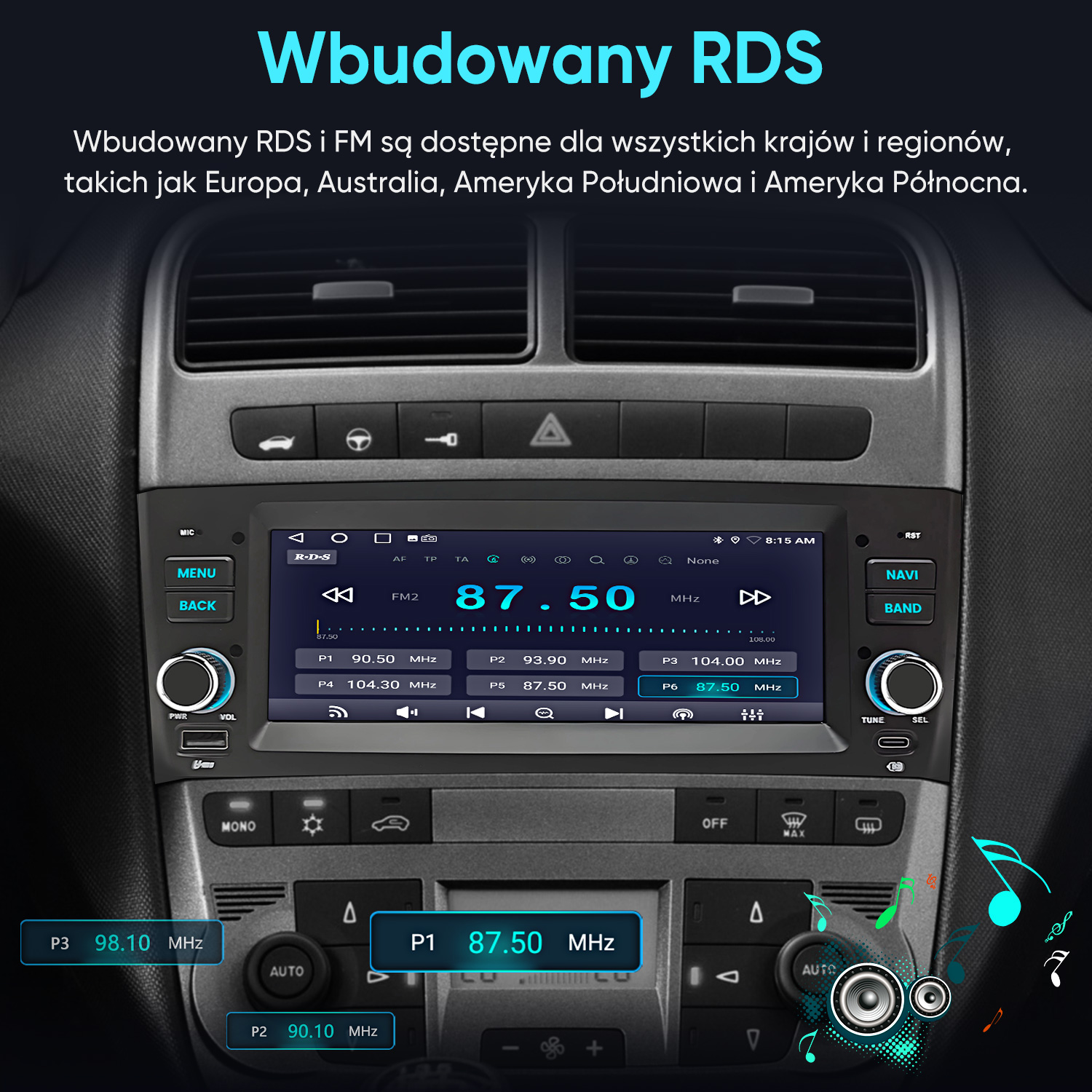 Wyświetlacz radia samochodowego pokazuje informacje o stacji i częstotliwość 87.50 MHz.
