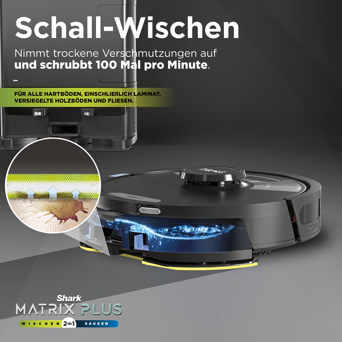 Schwarzer Saugroboter mit Wischfunktion auf grauem Hintergrund. Zeigt Wasser- und Schmutzaufnahme.