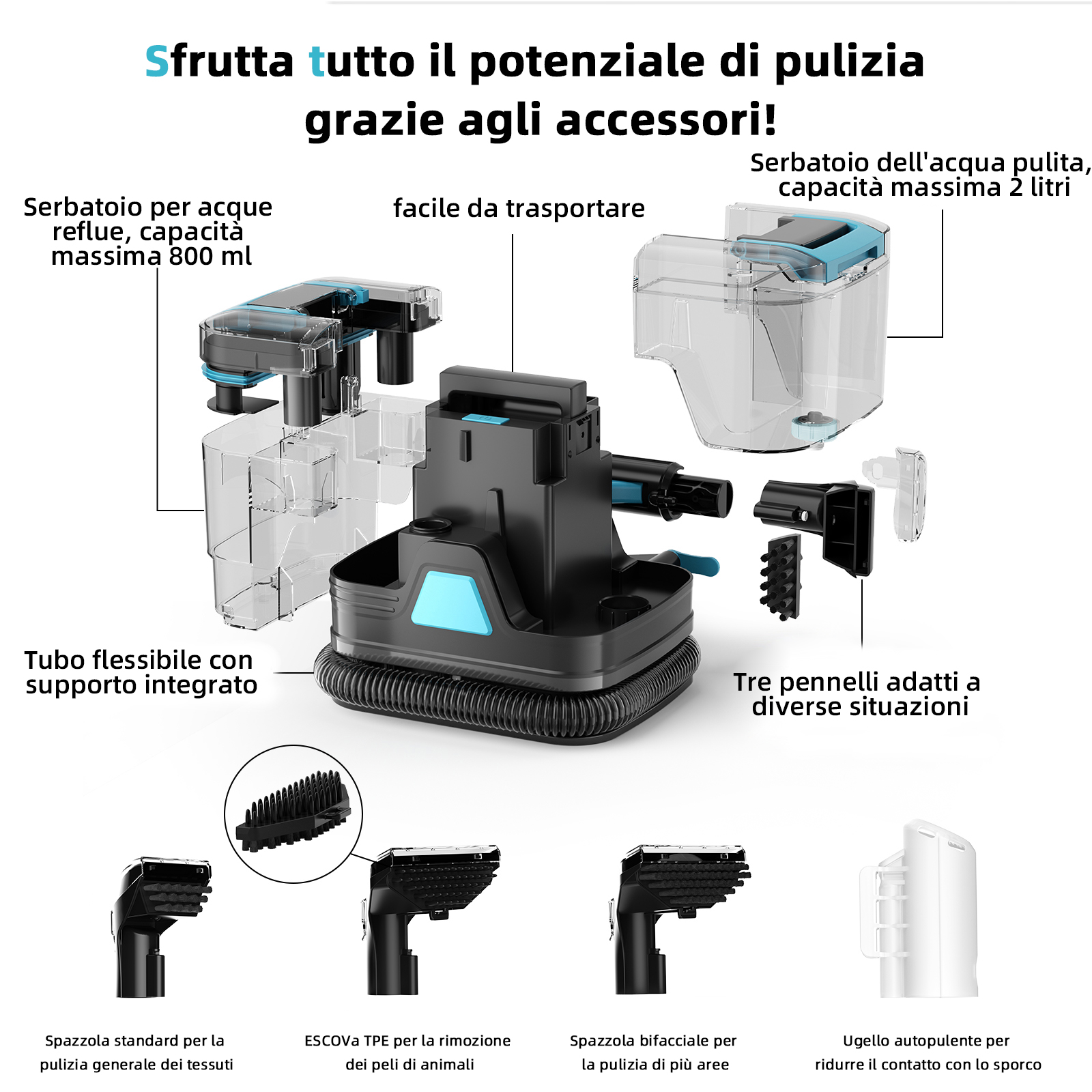 Un dispositivo di pulizia con accessori: serbatoi acqua, tubo e spazzole.