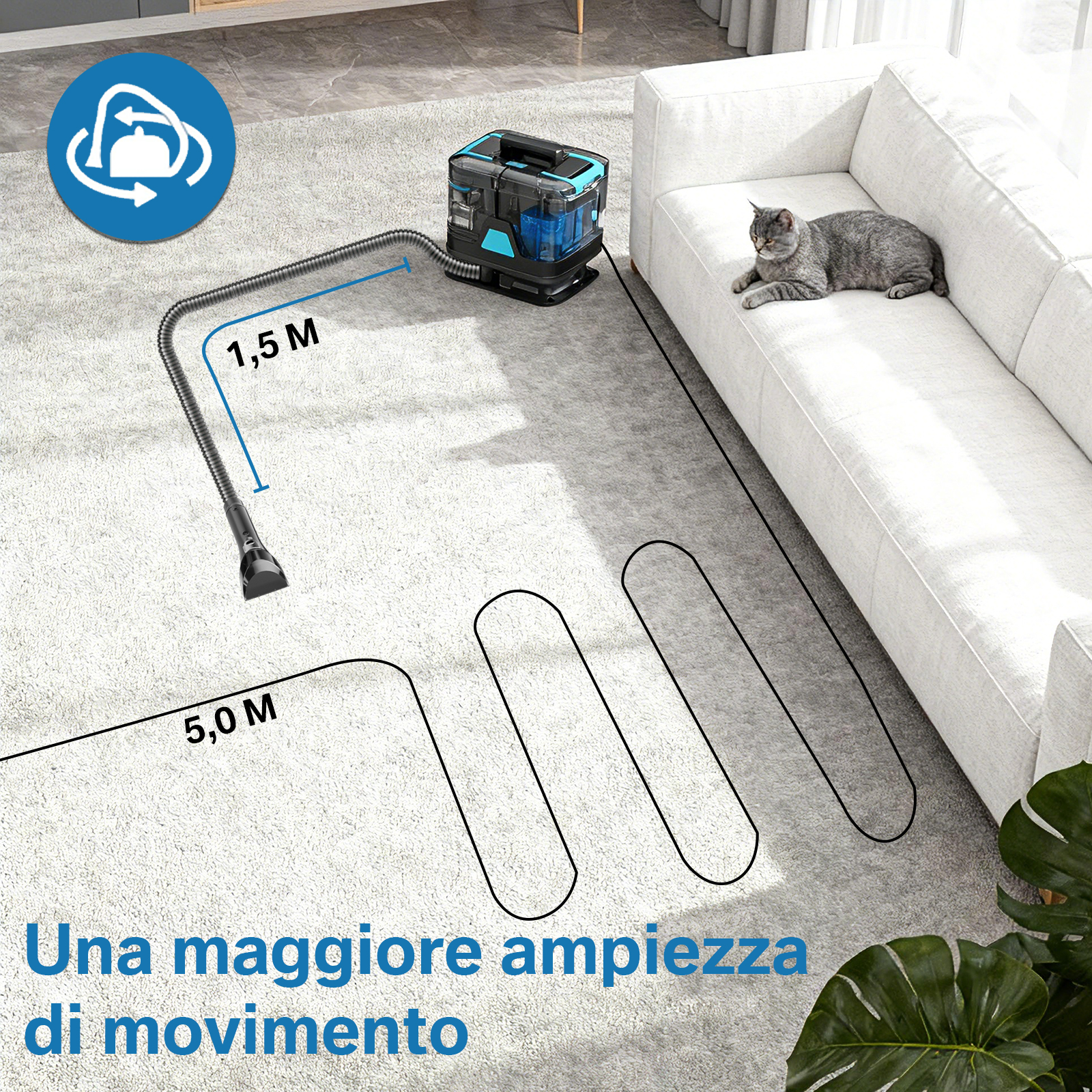 Un aspirapolvere con ampio raggio d'azione accanto a un divano su cui giace un gatto.