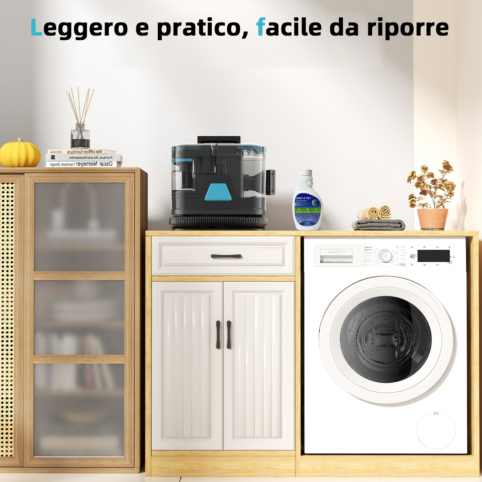 Un aspiratore liquidi/solidi, lavatrice e armadio affiancati.