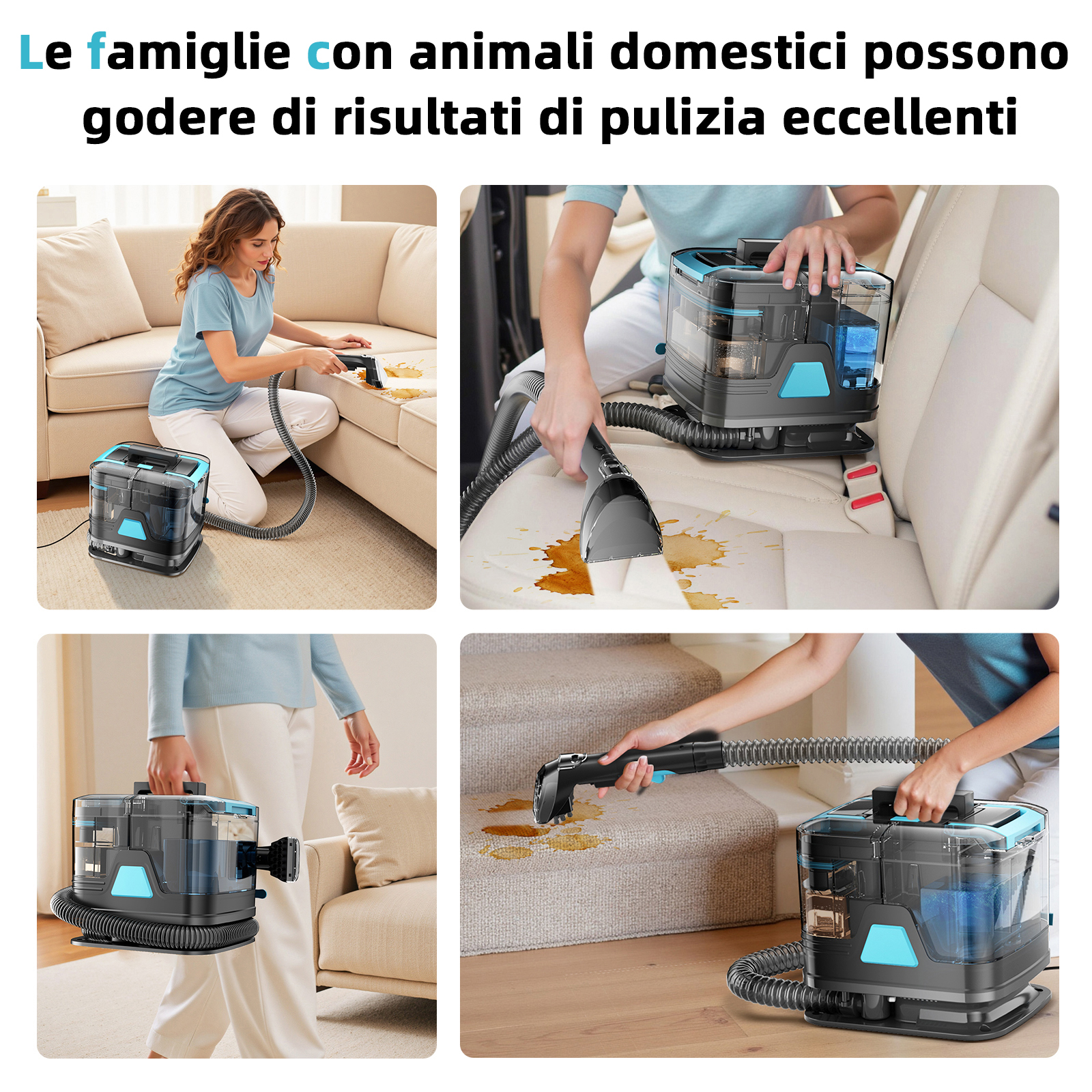 Pulitore pulisce tappeti e tappezzeria con ugello e tubo.
