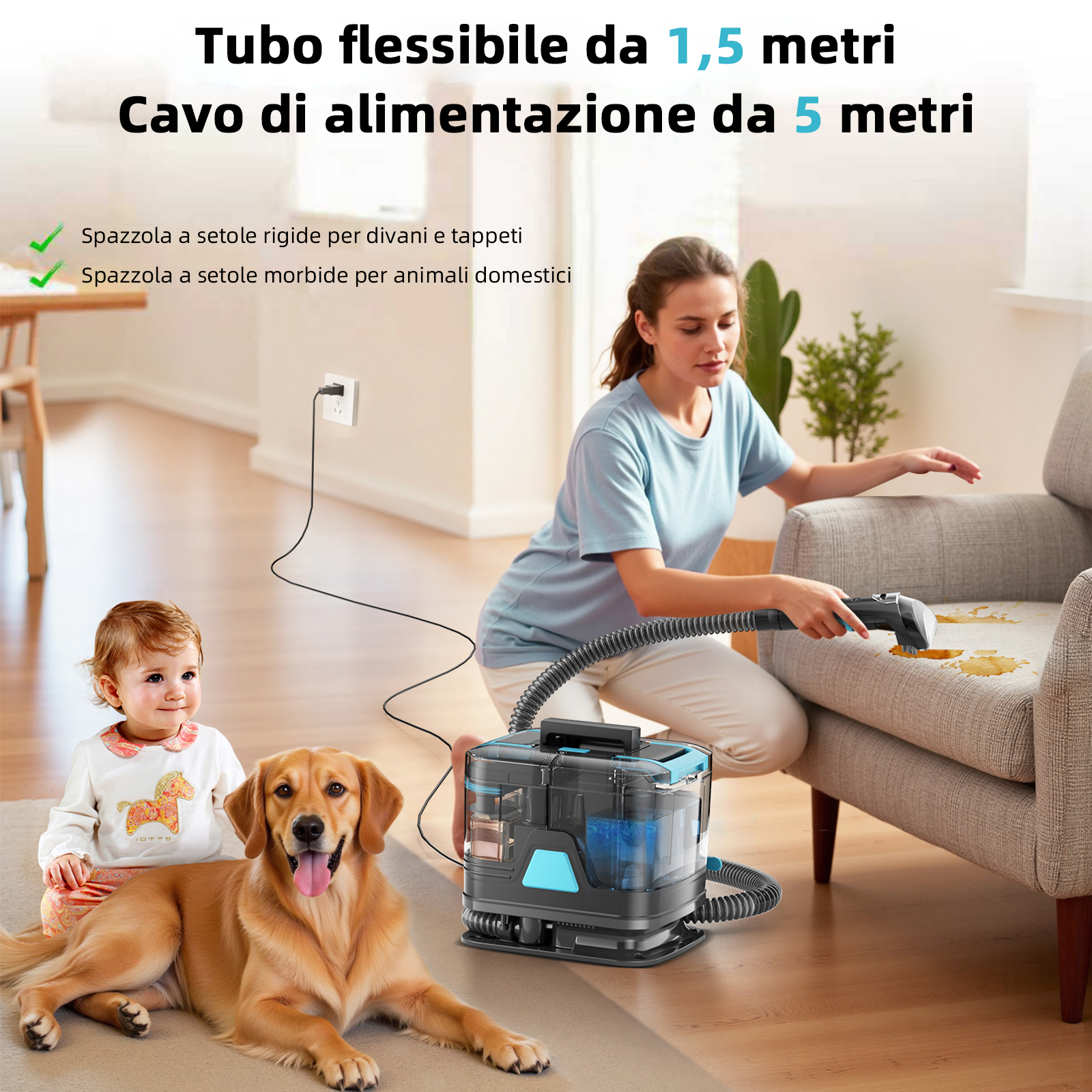 Donna pulisce divano, cane e bimbo vicini. Elettrodomestico collegato.