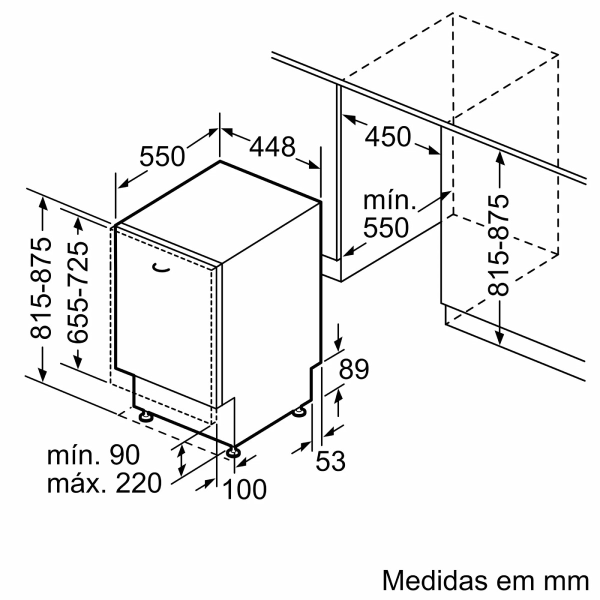 Dibujo técnico de un electrodoméstico con dimensiones en mm. Muestra altura, anchura y profundidad.