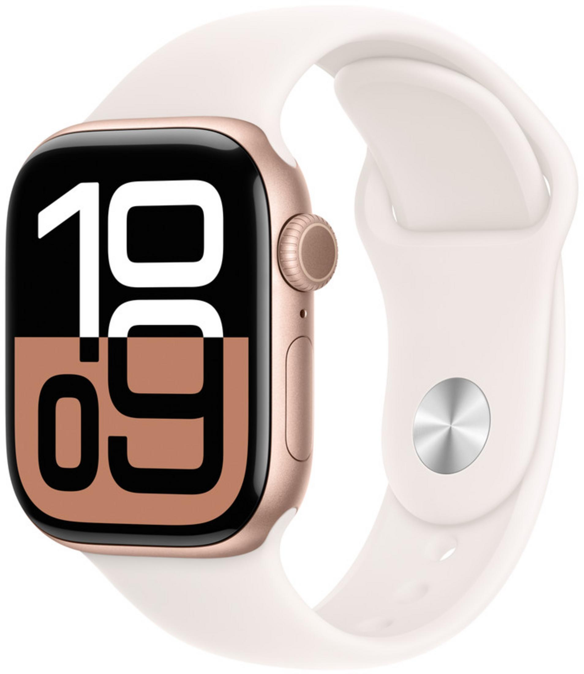 Uno smartwatch dorato con cinturino bianco mostra le 10:09.