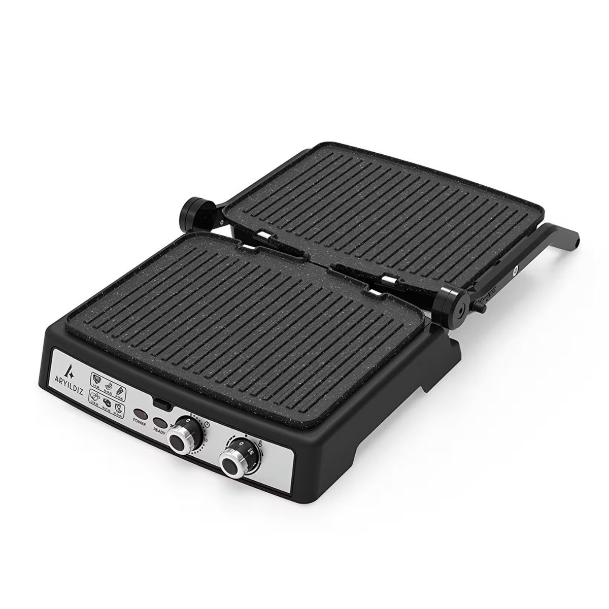 Açık siyah, oluklu plakalara ve kontrol düğmelerine sahip bir tost makinesi.