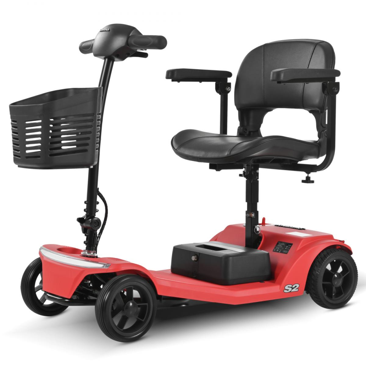 Rote Mobilitätsroller mit schwarzem Sitz, Korb und Rädern.