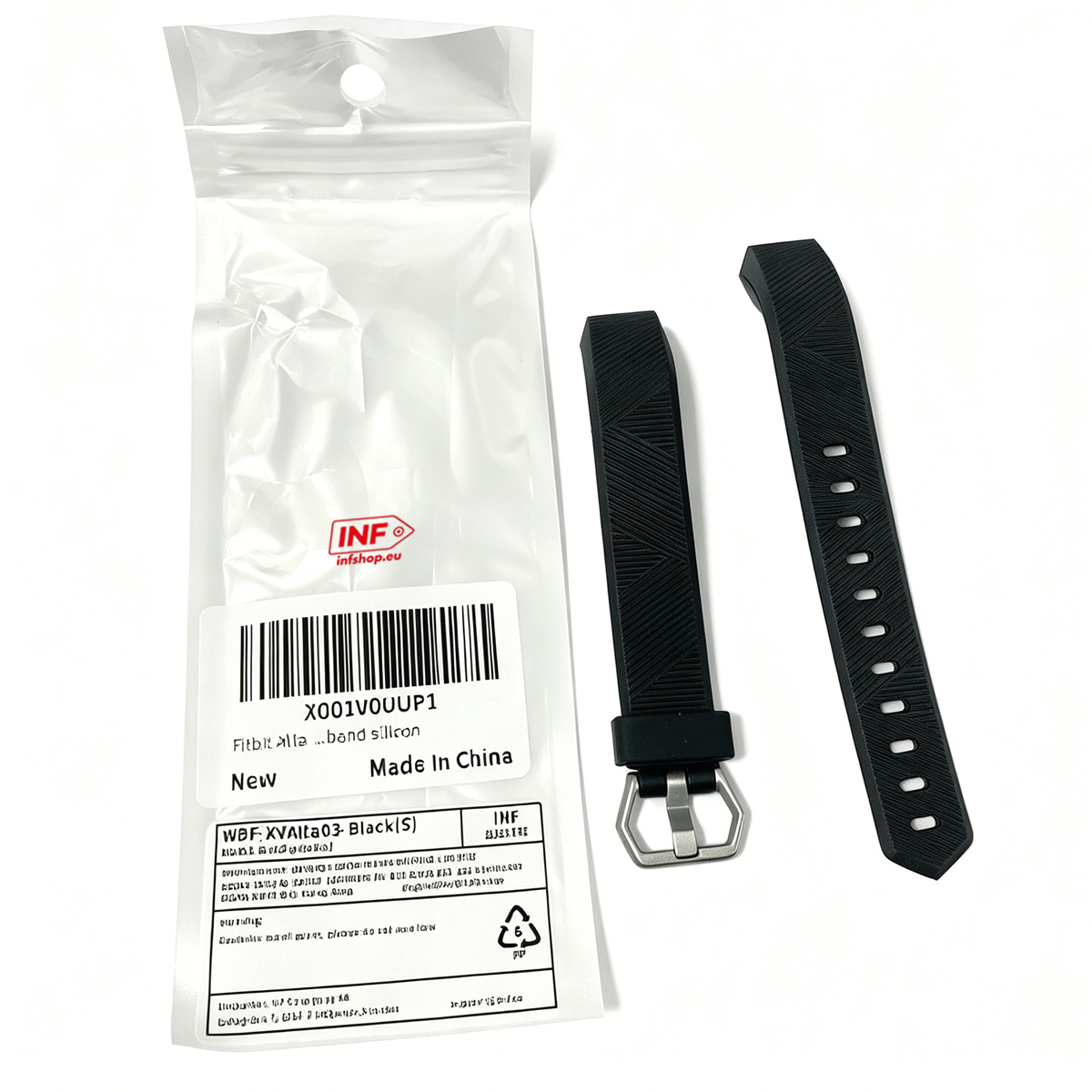 Schwarzes Fitbit-Armband aus Silikon in Verpackung mit Schnalle und Lochmuster.