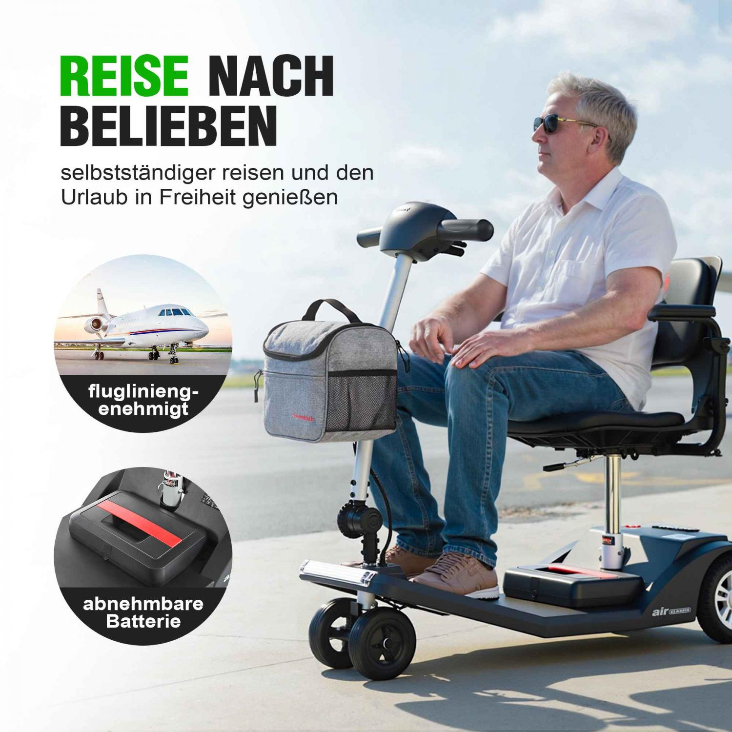 Mann auf Elektromobil vor Flugzeug. Abnehmbare Batterie.