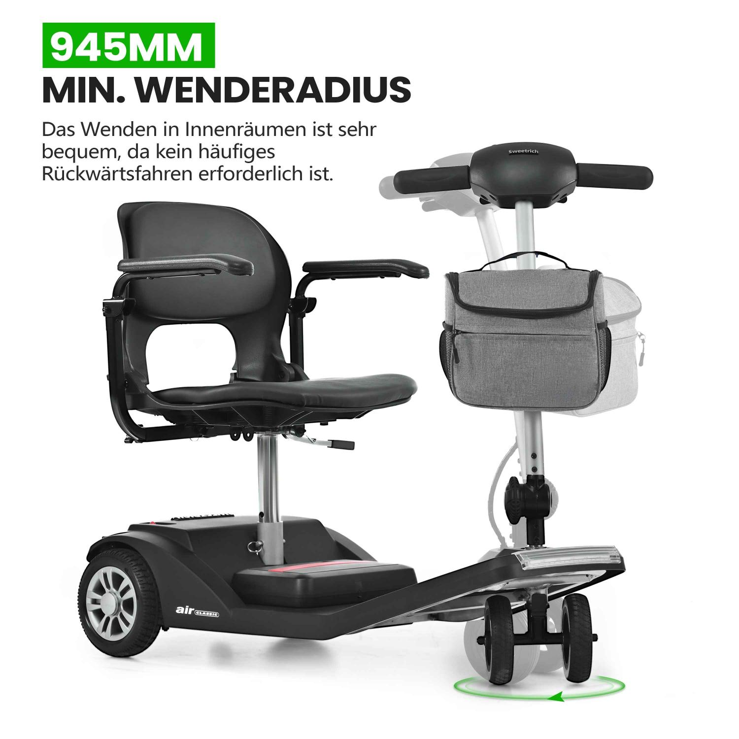 Ein wendiger Elektrorollstuhl mit schwarzem Sitz und Ablagefach.