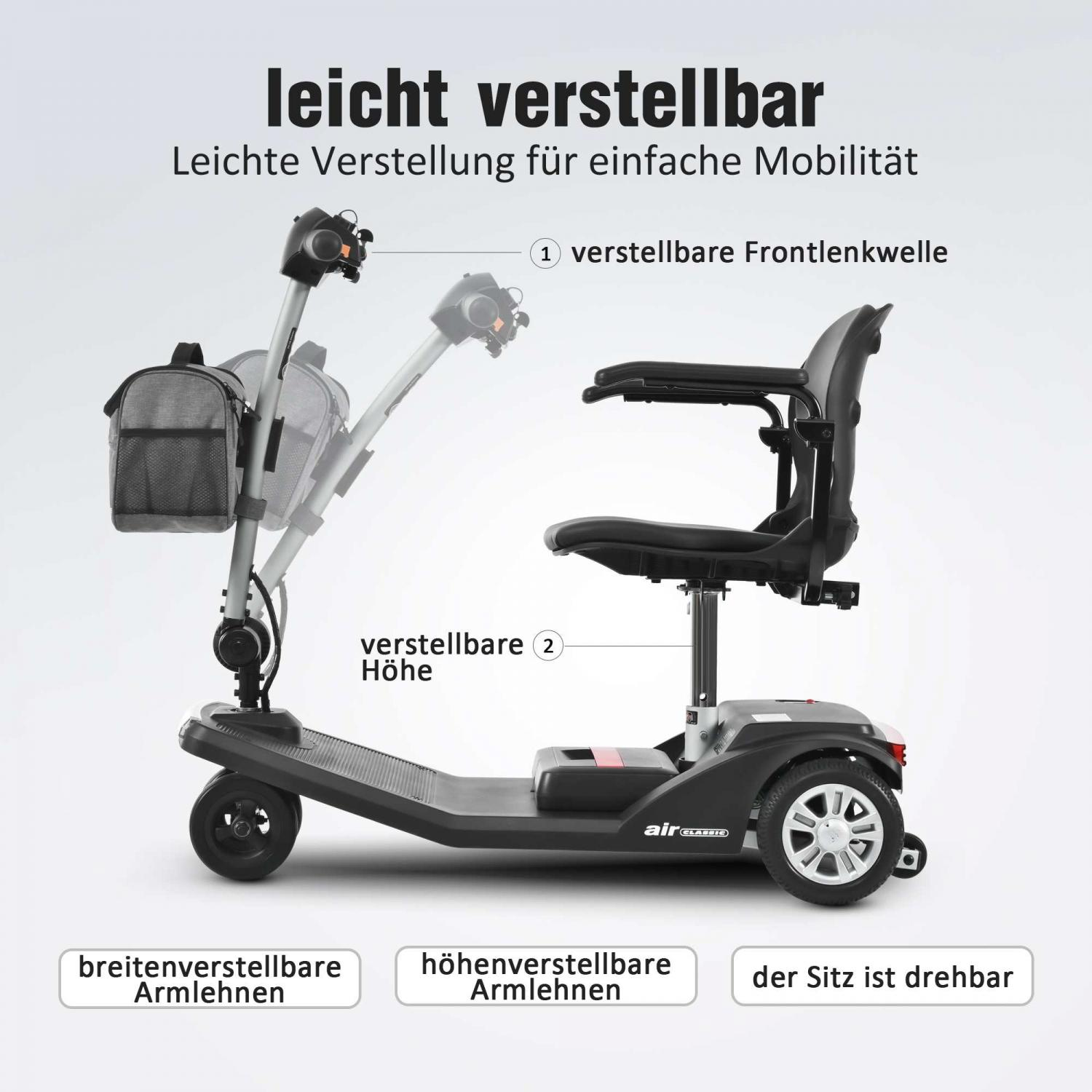 Ein grauer Elektromobilitätsroller mit verstellbarer Lenksäule und Sitz.