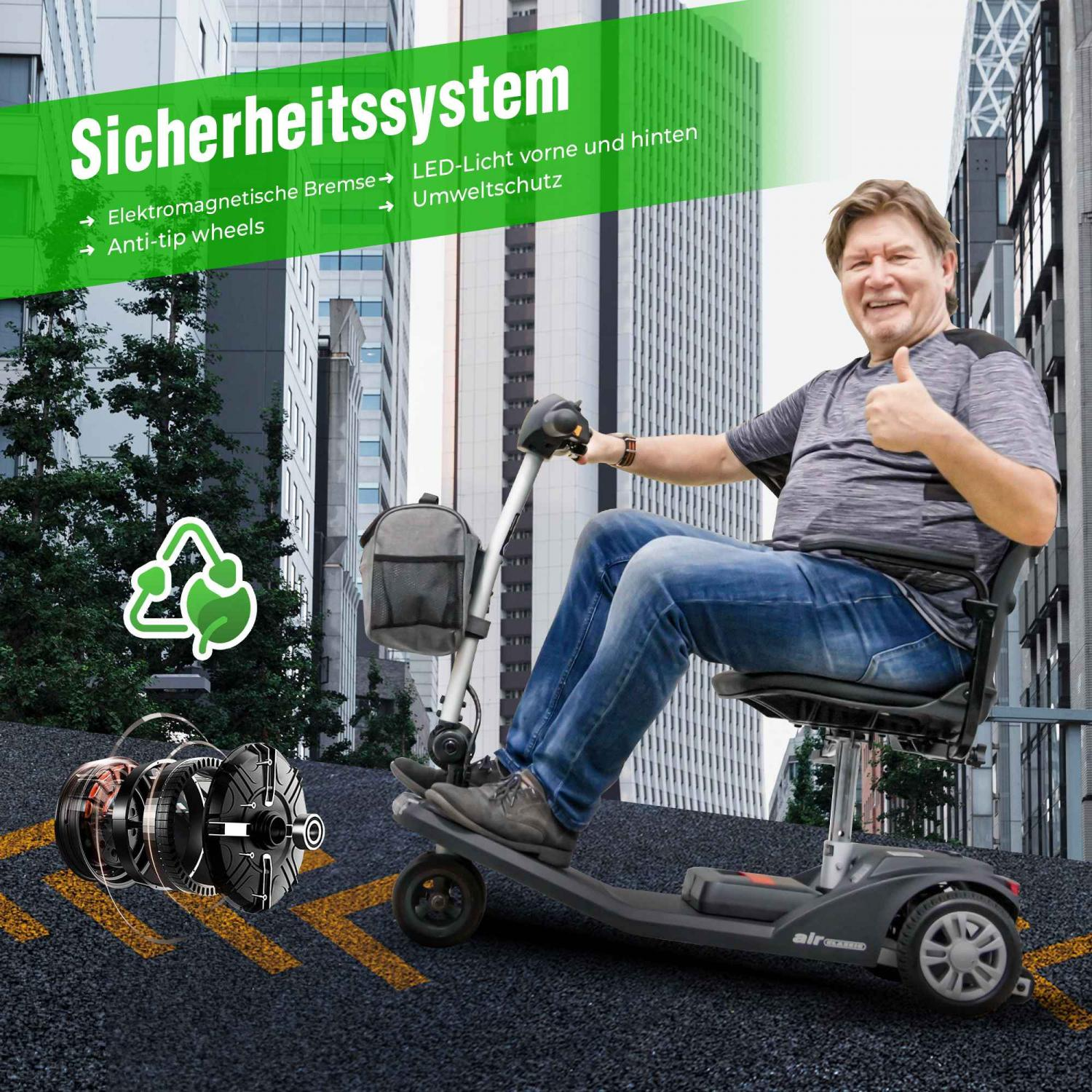 Ein Mann auf einem Elektromobil gibt Daumen hoch vor Hochhäusern.