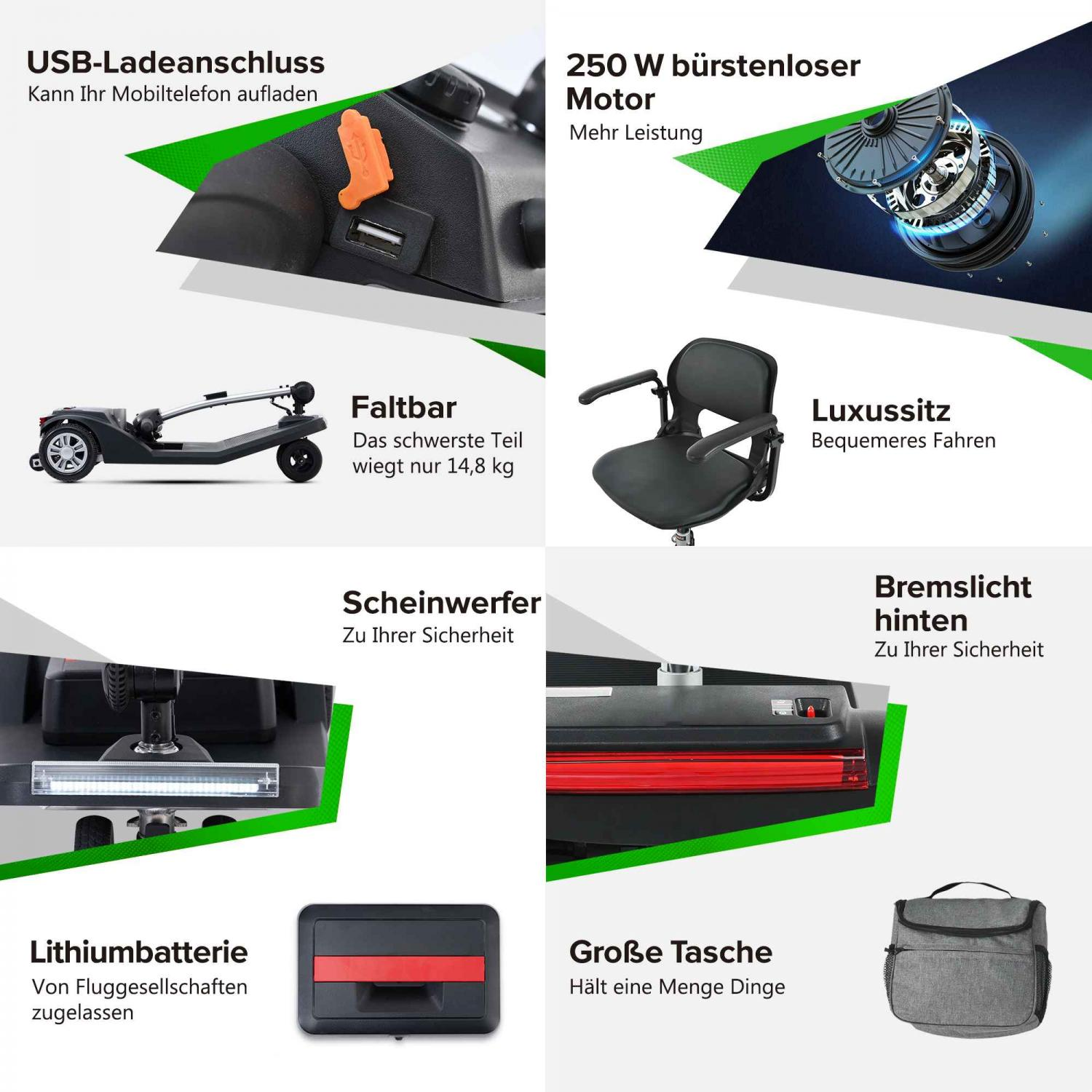 Ein Elektroroller mit Merkmalen: USB-Anschluss, 250W Motor, faltbar, Luxussitz, Scheinwerfer, Bremslicht, Batterie, Tasche.